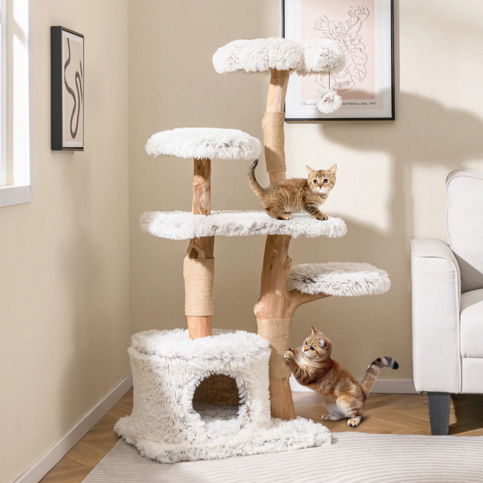 SUGIFT 53-in Modern Natural Branch Cat Tree with Flower-Shaped Top Perch Jute Posts and Vented Condo