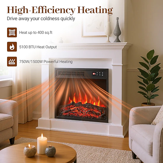 SUGIFT 18-Inch Recessed Electric Fireplace Insert, 5,100 BTU, 7 Flame Colors, Child Lock and Remote