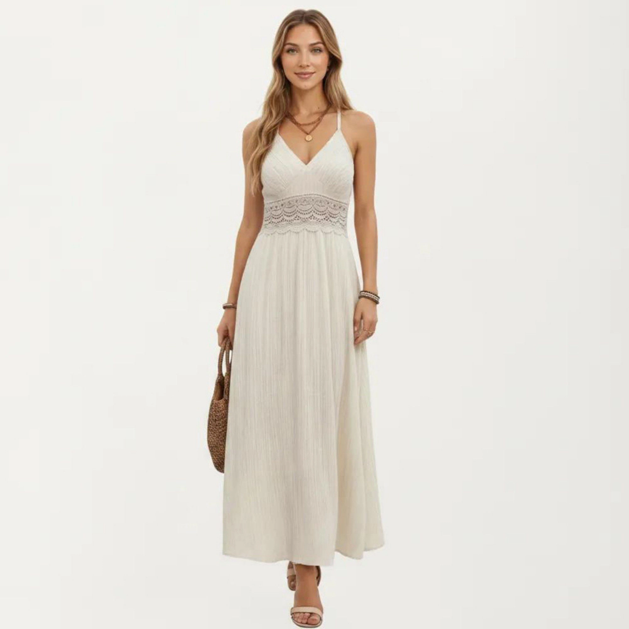 Anna-Kaci Women's Boho Crochet Lace Inset Keyhole Back Maxi Dress