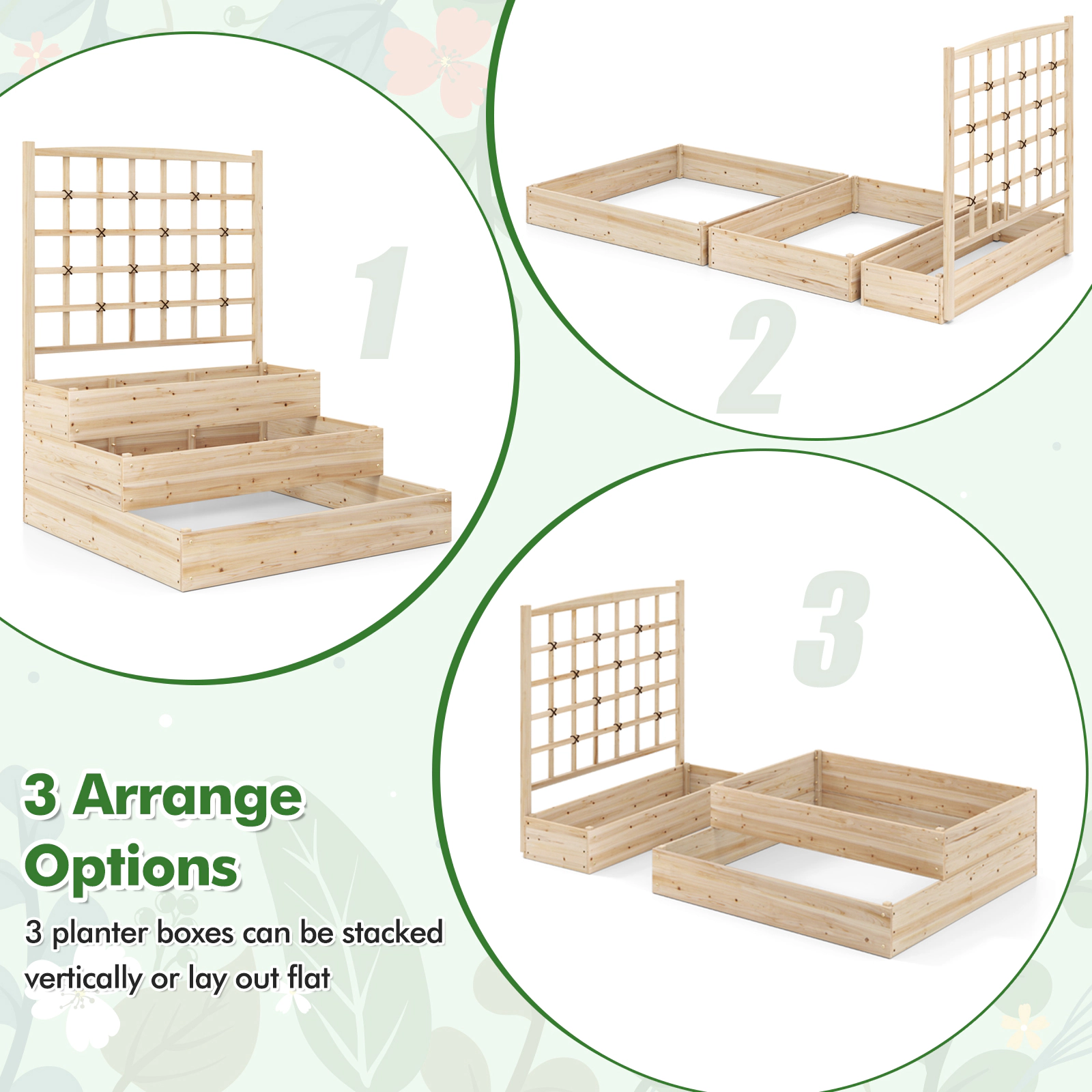 SUGIFT 3-Tier Natural Raised Garden Bed with Lattice Trellis and Open-Ended Base 44-in W 45-in D 56-in H