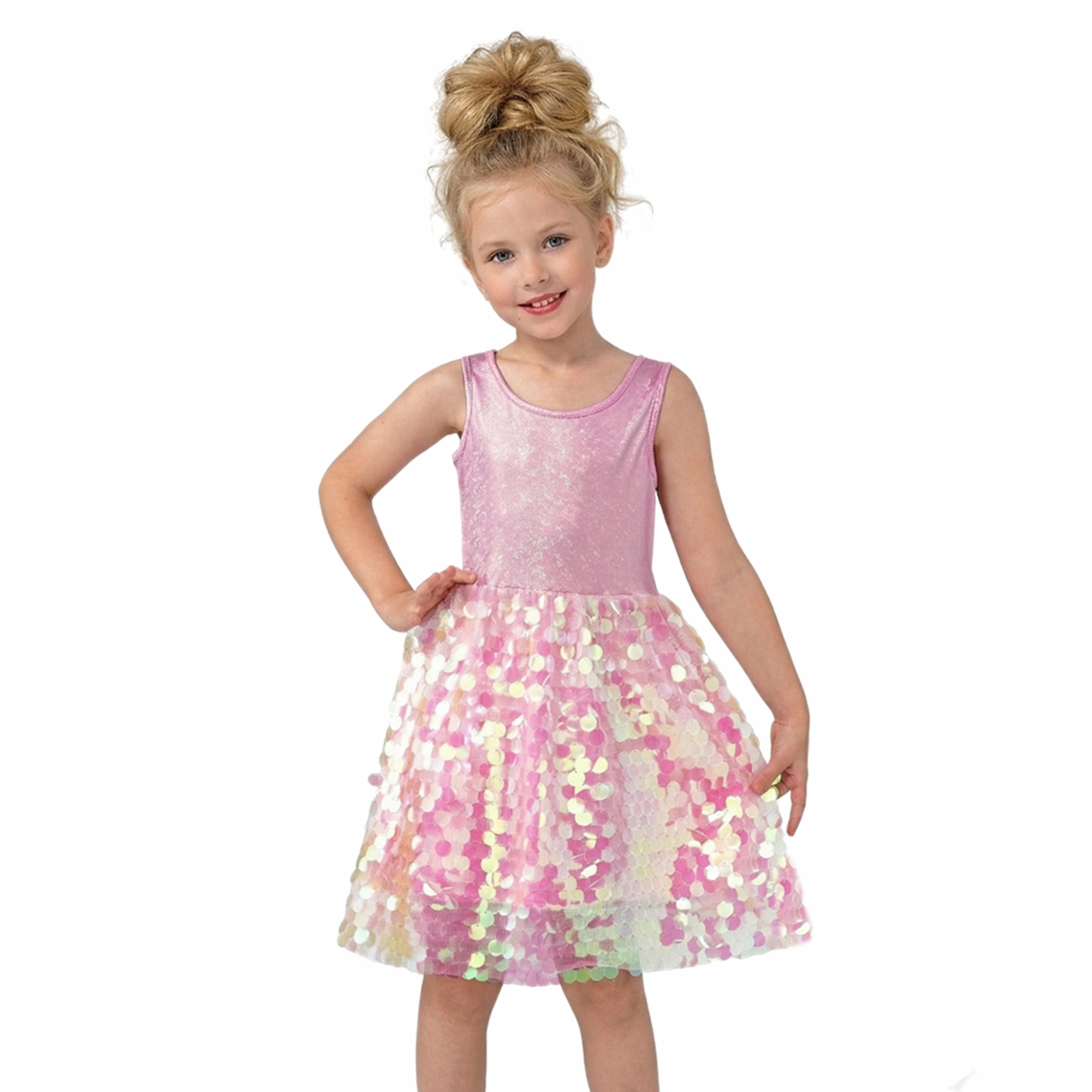 2Bunnies Girls' Pink Iridescent Paillette Sequin Sleeveless Dress