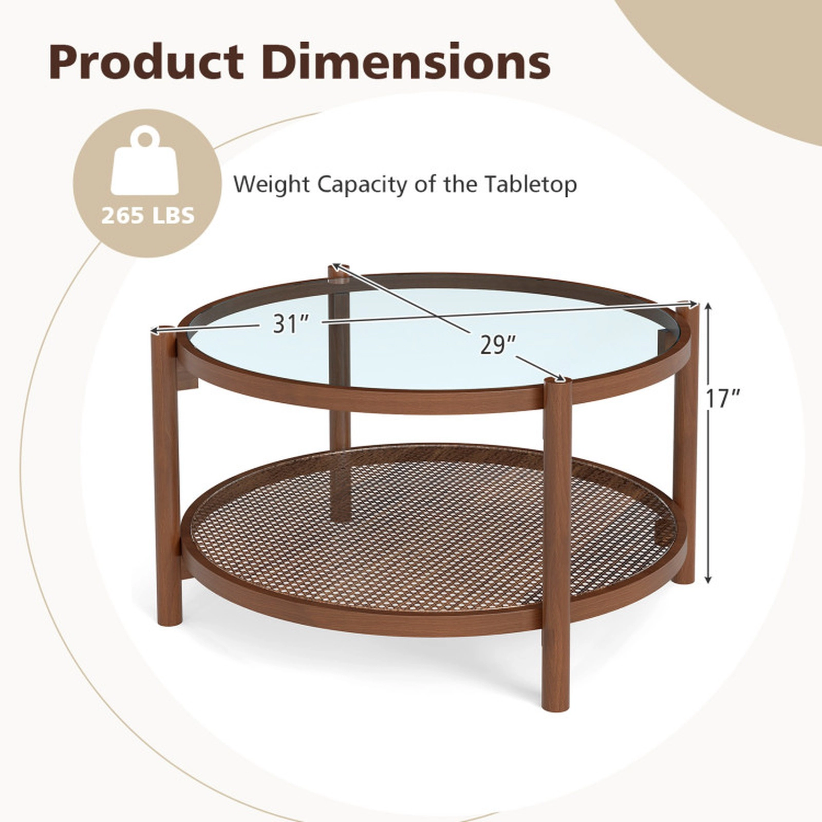 SUGIFT 31-in 2-Tier Round Coffee Table with Tempered Glass Top 265-lb Tabletop Capacity Cherry+Transparent