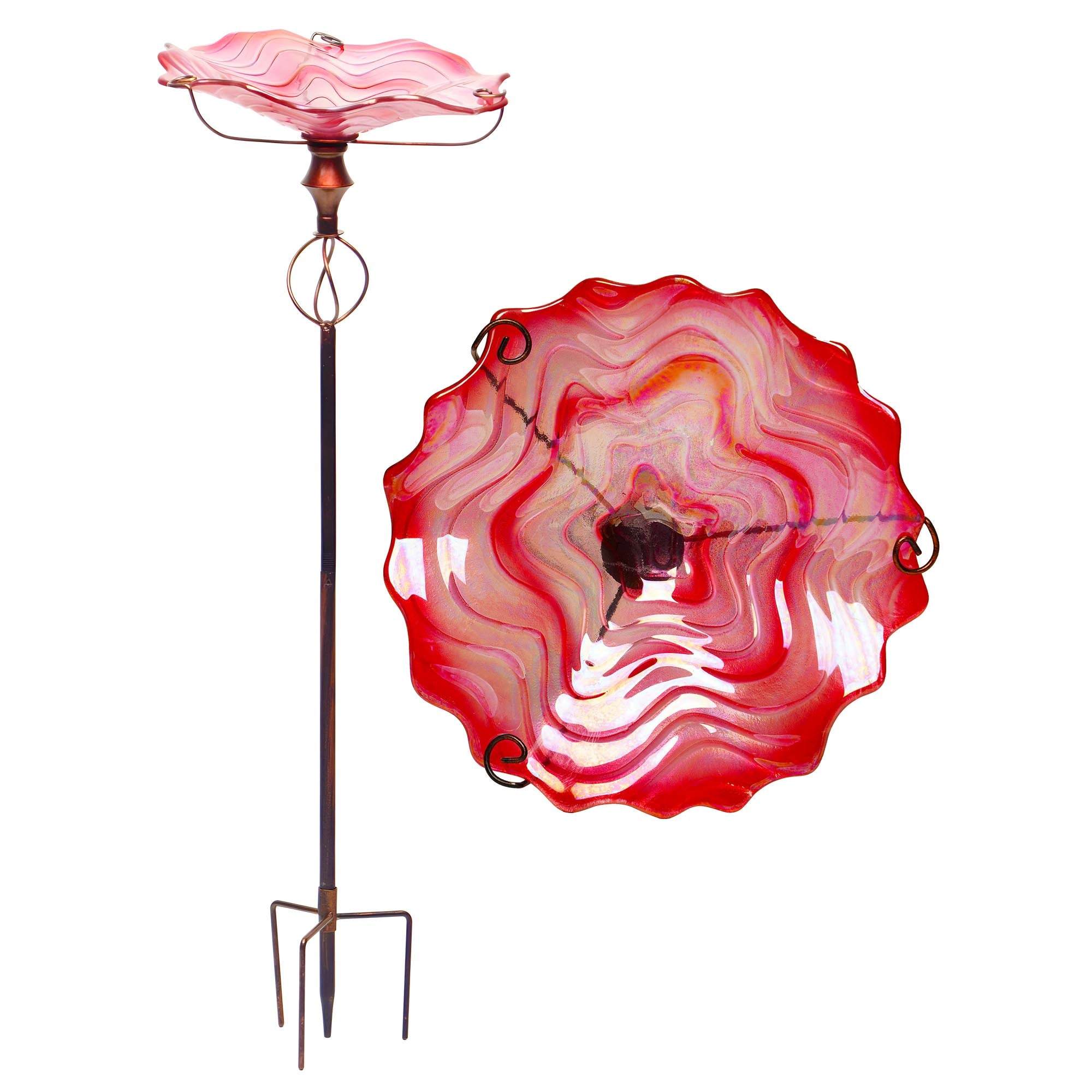 G128 32-Inch Pink Glass Bird Bath with Metal Stake - Decorative Outdoor Feeder and Fountain Bowl