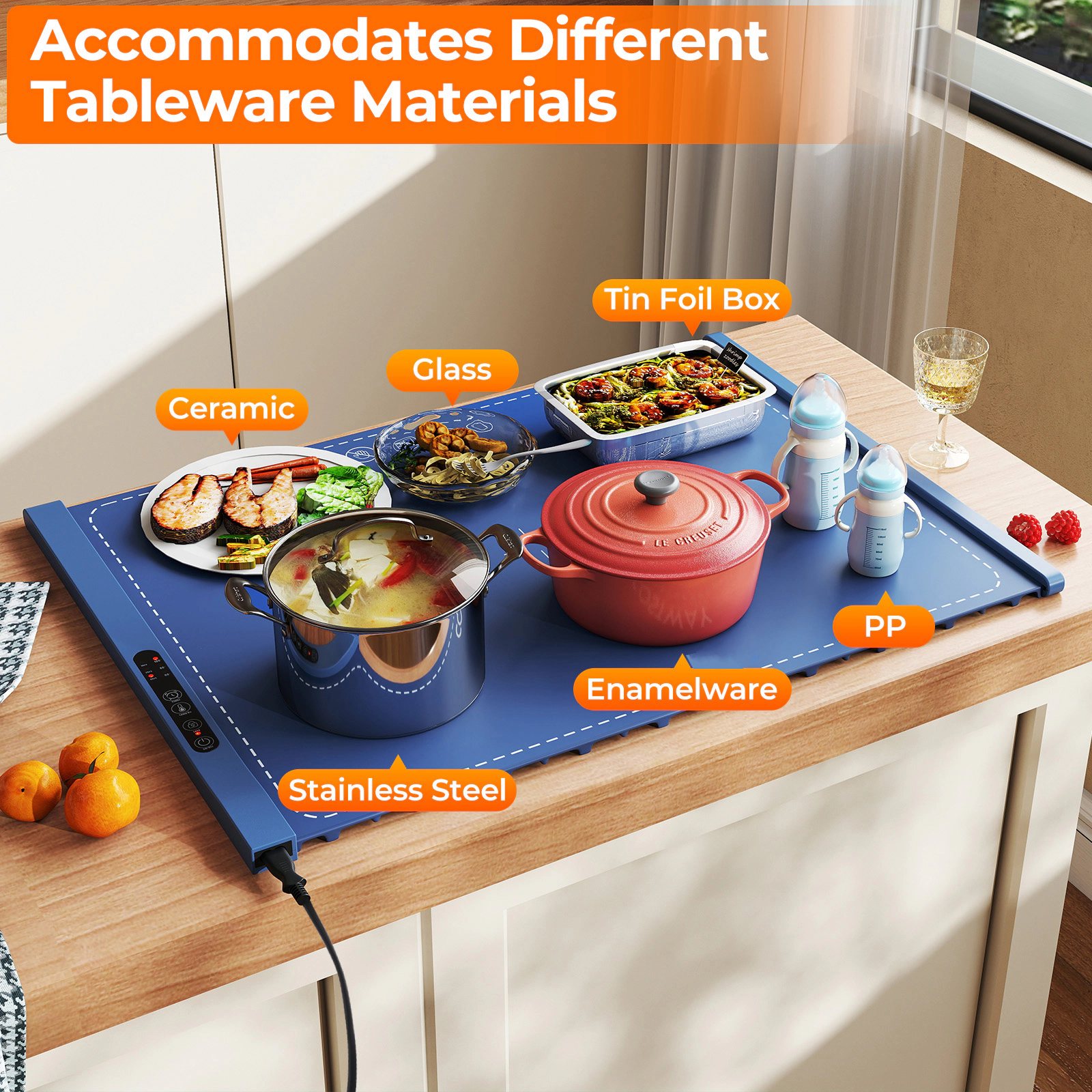 SUGIFT Rollable Silicone Electric Food Warming Mat Tray 10-Second Fast Heating 3 Temperature Levels 24 x 17-in Blue