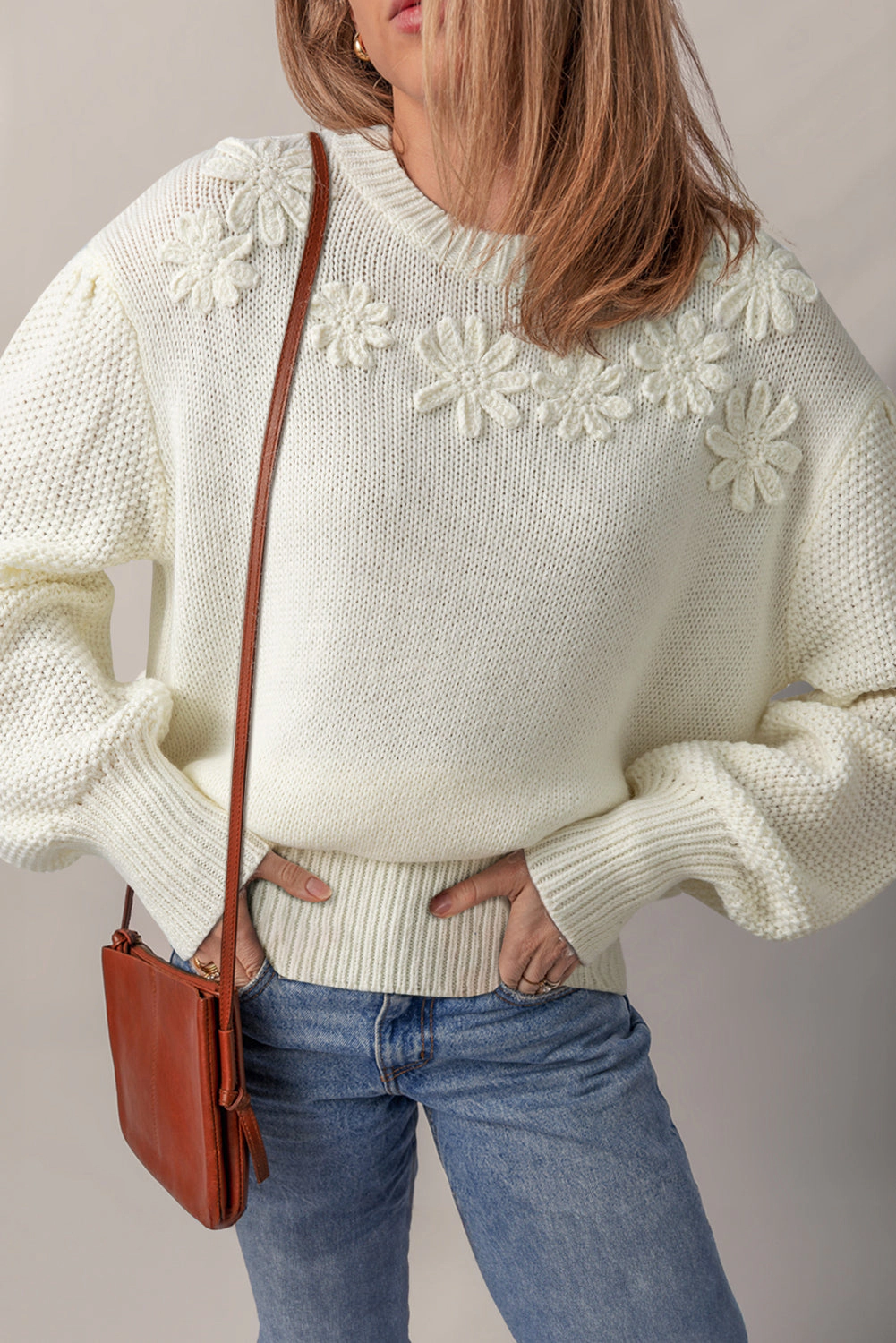 Threaded Pear Women's Rheakara Textured Puff Sleeve Sweater