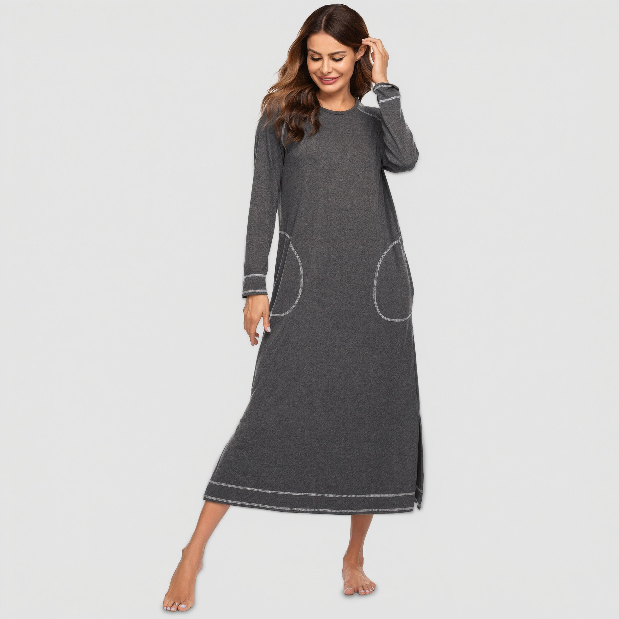 Ekouaer Women's Nightshirt Long Sleeve Nightgown Round Neck Sleepwear Full Length Pajama Dress