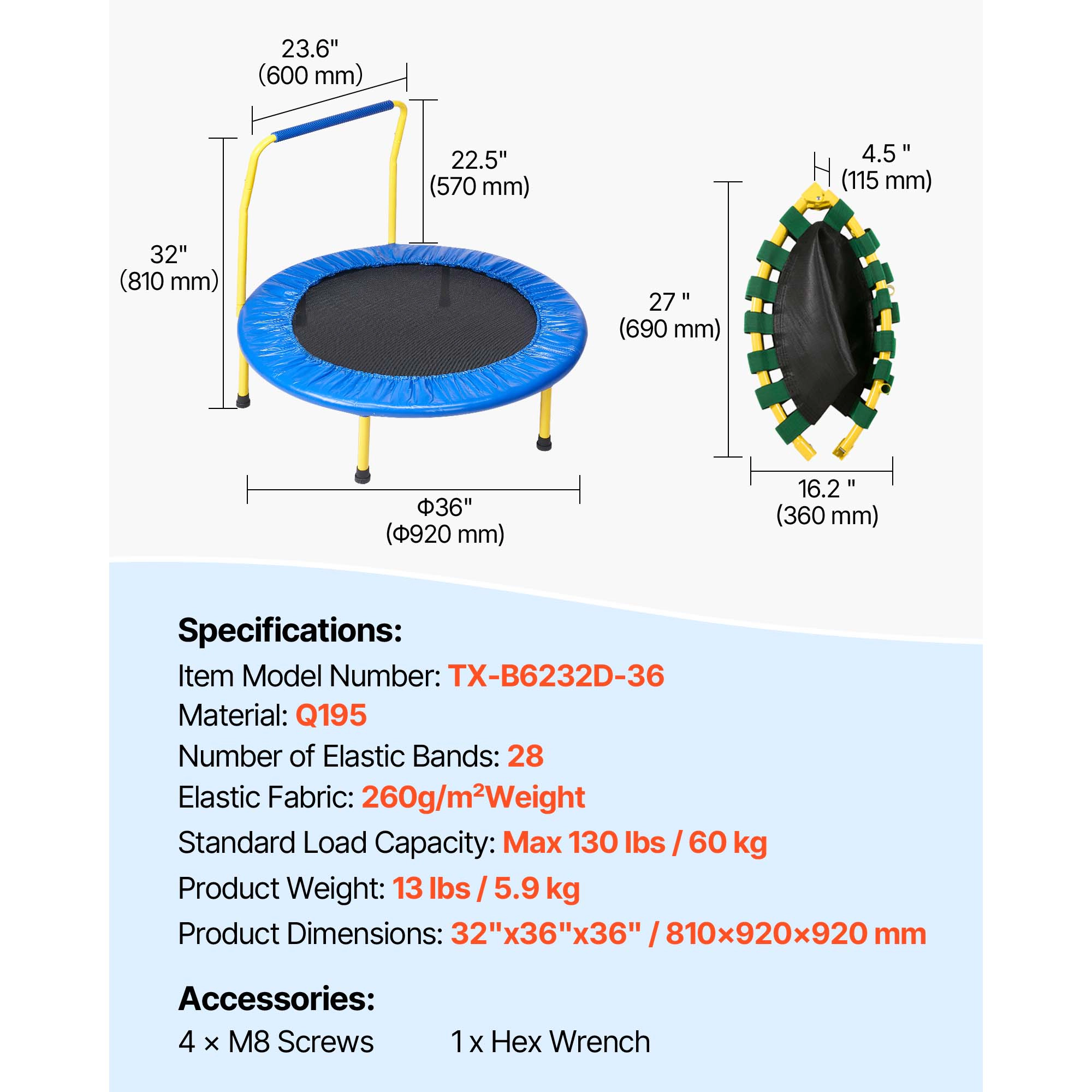 HONGGE 36-Inch Foldable Toddler Trampoline with Foam Handle, Mini Kids Trampoline, 132 lbs Capacity, Indoor Outdoor