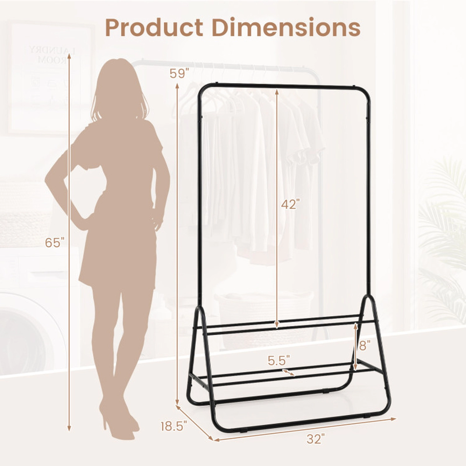 SUGIFT 59-in 45-lb Capacity Black Heavy Duty Metal Clothes Rack with Hanging Rod and 2 Storage Shelves