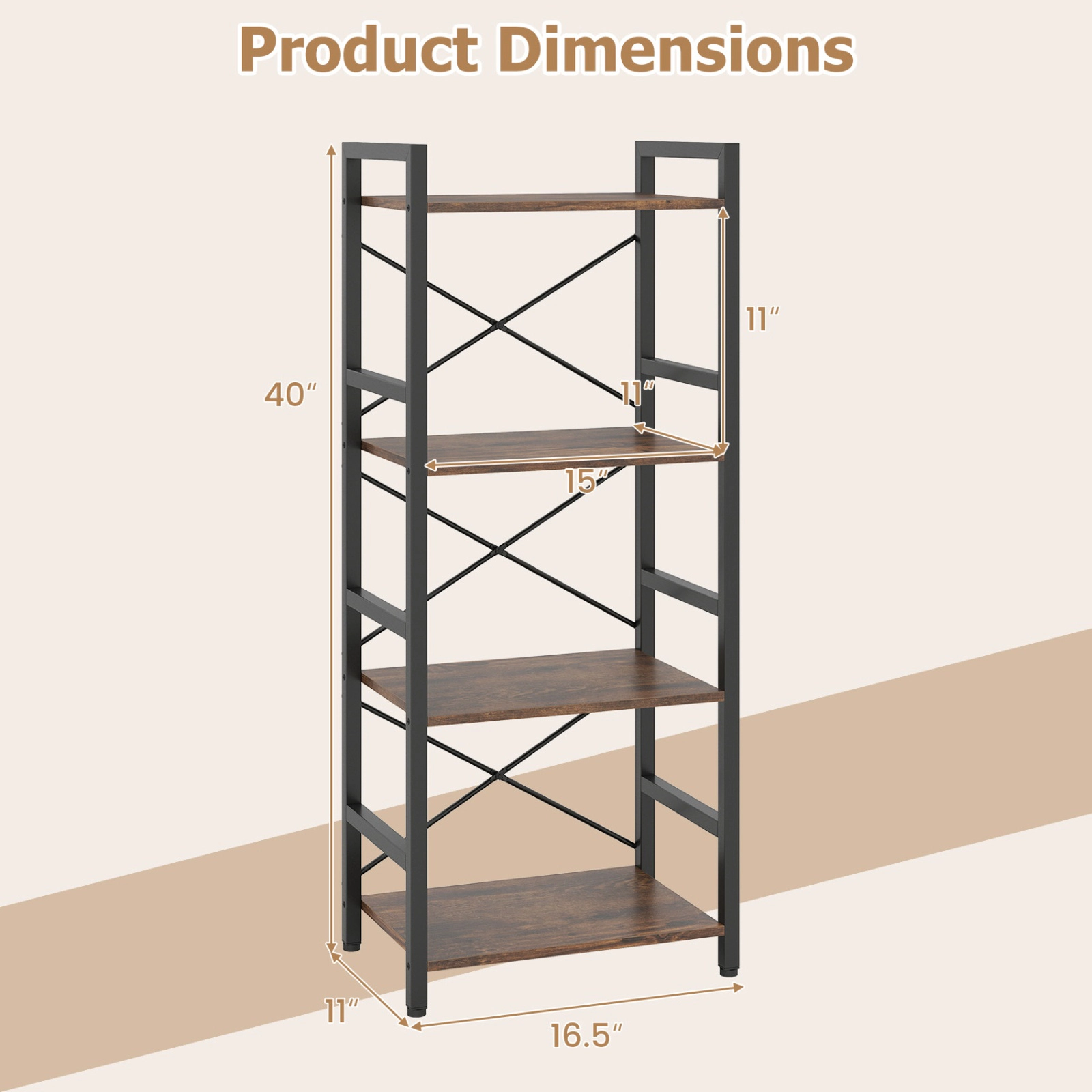 SUGIFT Rustic Brown 4-Tier Narrow Bookshelf 40 in with X-Braced Metal Frame