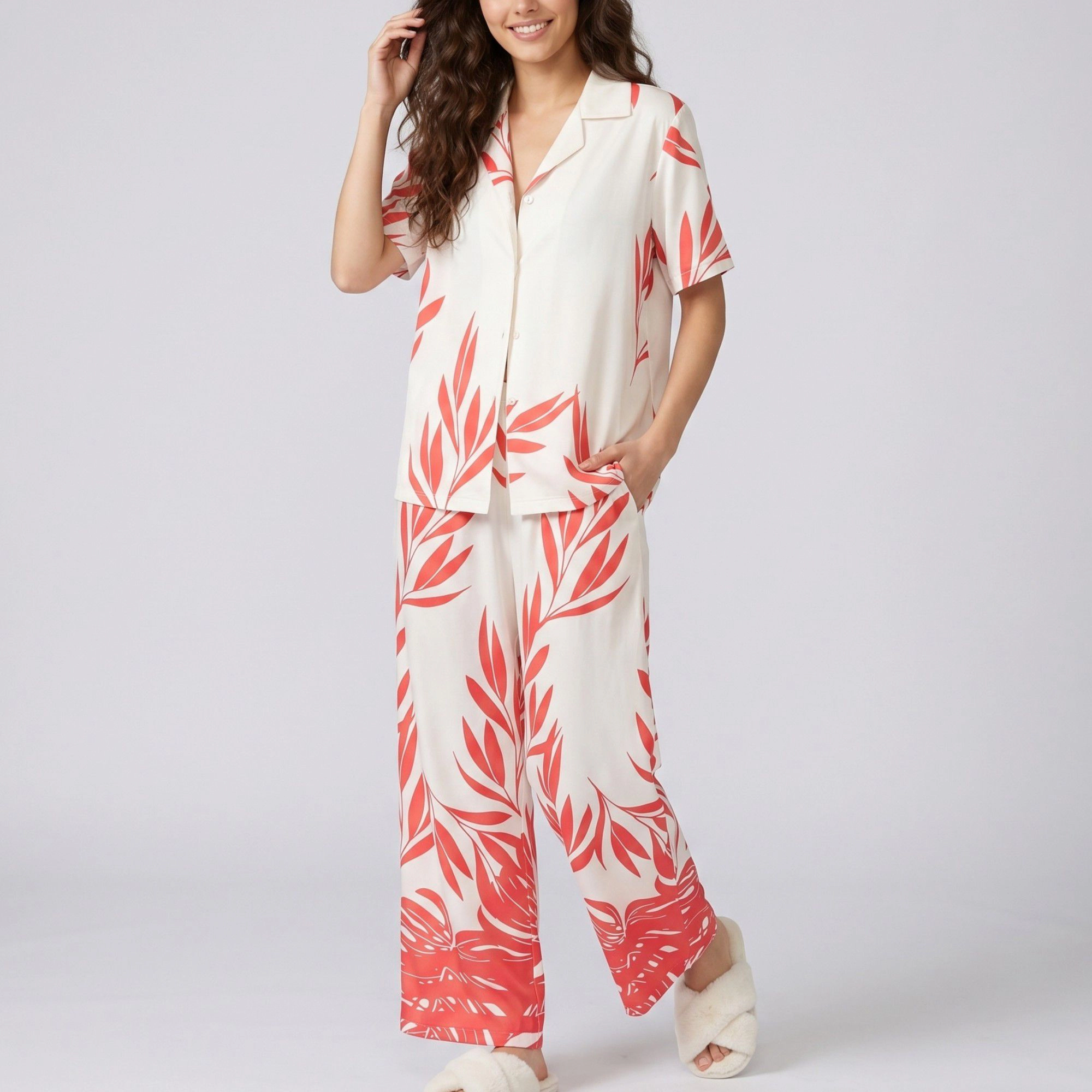 Anna-Kaci Women's 2-Piece Botanical Print Pajama Set with Short Sleeve Button Top and Wide Leg Pants