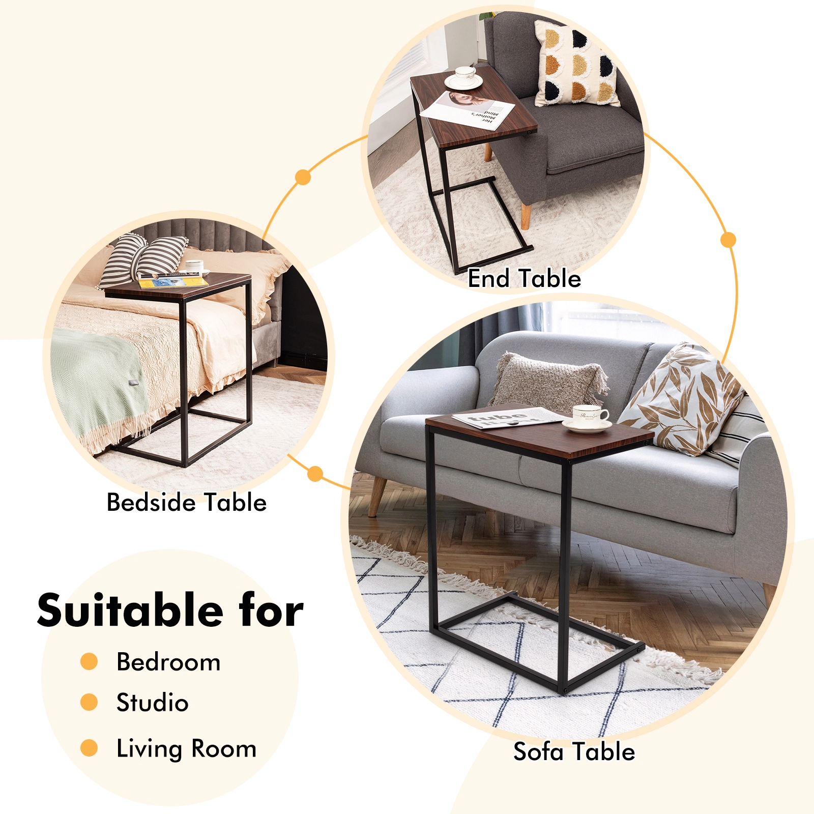 Slickblue L Shape End Table Dark Brown Metal Frame Laptop Snack Table Living Room