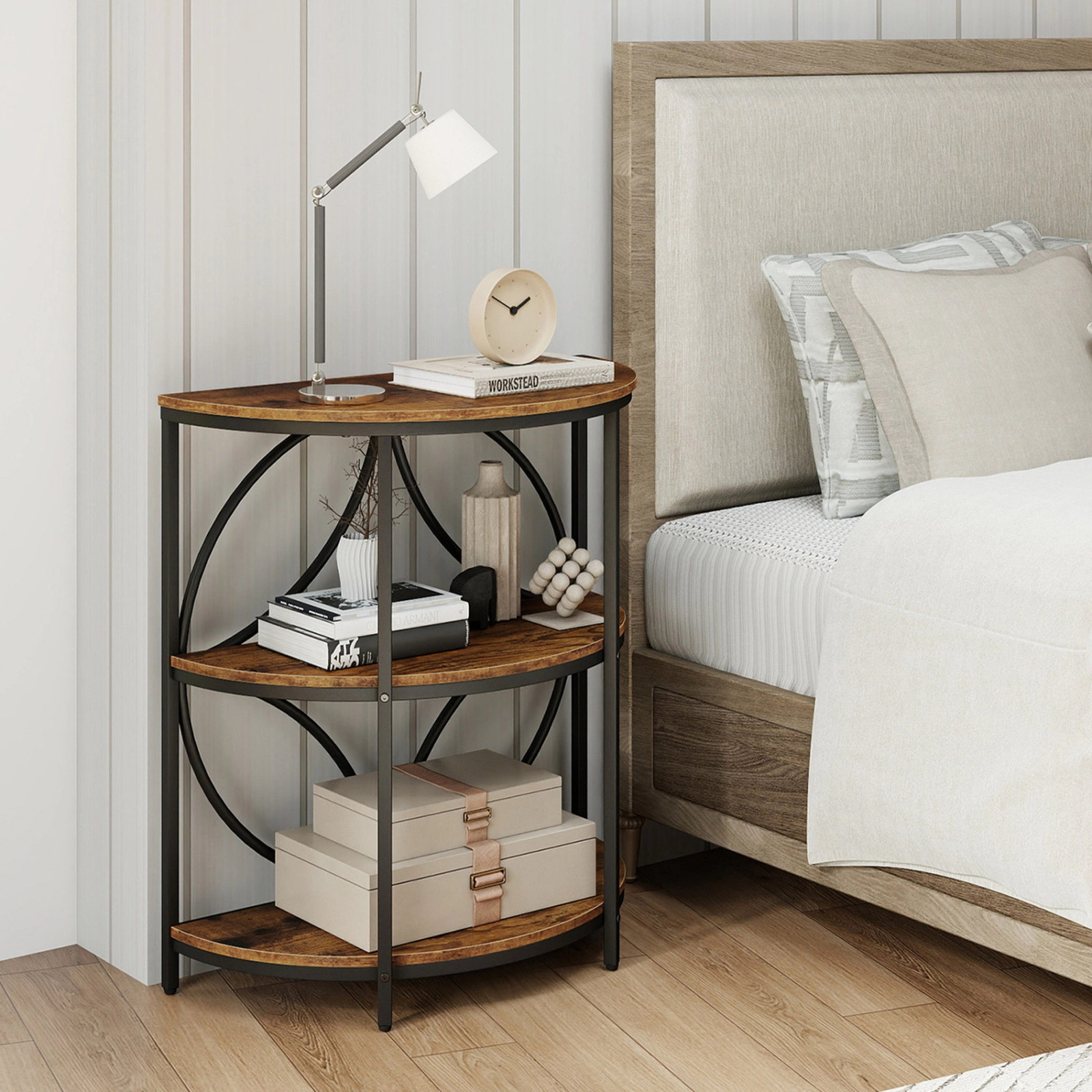 SUGIFT Set of 2 26-Inch Narrow Half-Round Side Tables with 3-Tier Storage Shelves and Metal Frames