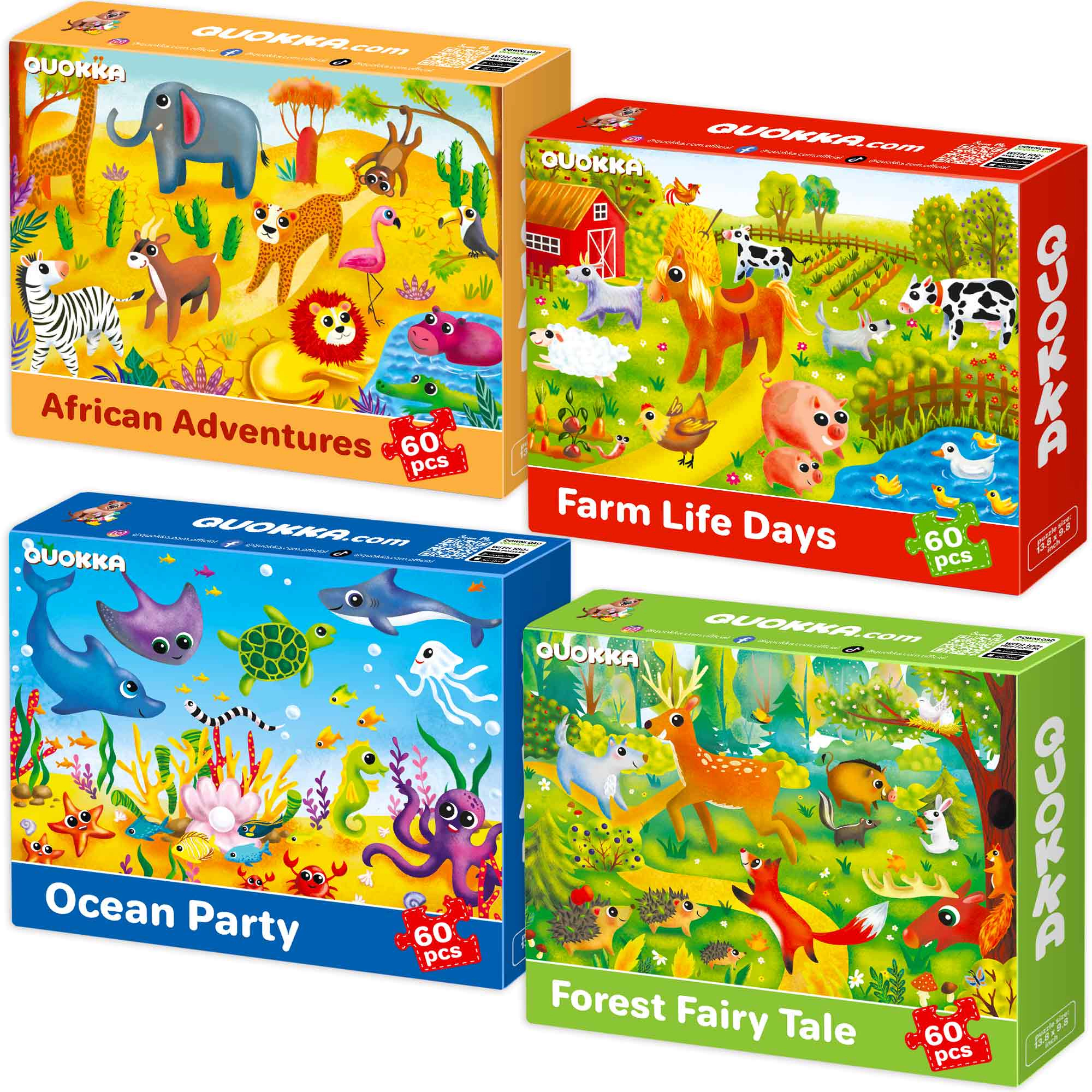 QUOKKA Kids 60-Piece Search & Find Puzzle Set, Jigsaw Puzzles for Kids, Animals, Fairy Tale, Space, Ages 4+