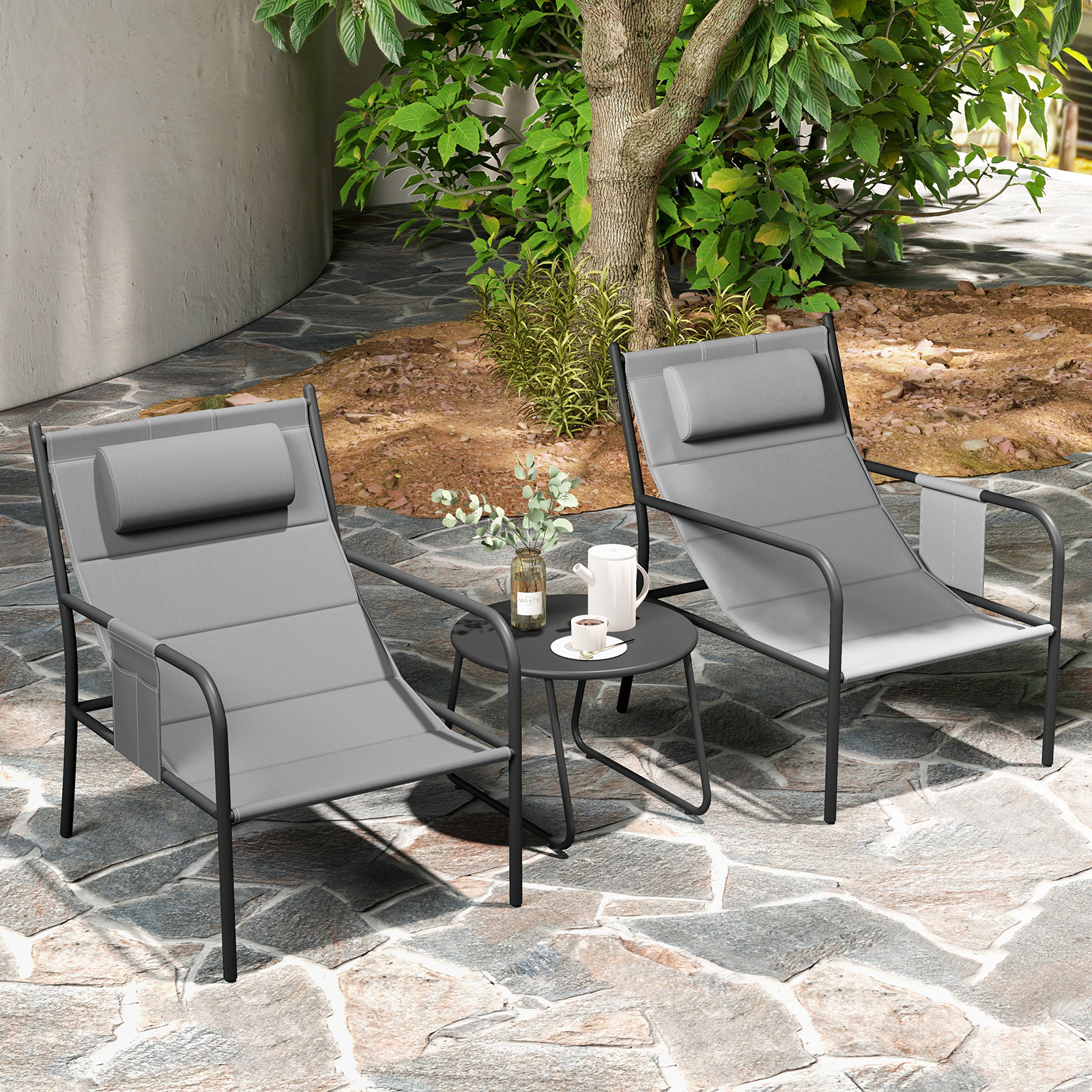 SUGIFT 3 Piece Outdoor Bistro Conversation Set with Metal Chairs and Coffee Table 330-lb Chair Capacity Gray