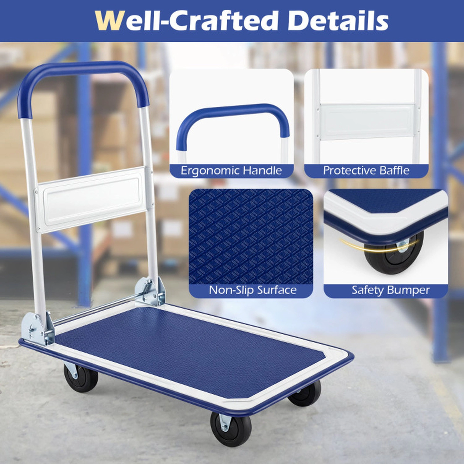 SUGIFT Folding Non-Slip Platform Steel Frame Rolling Push Cart 29-in x 19-in x 33-in 330-lb Capacity 4 Wheels Blue