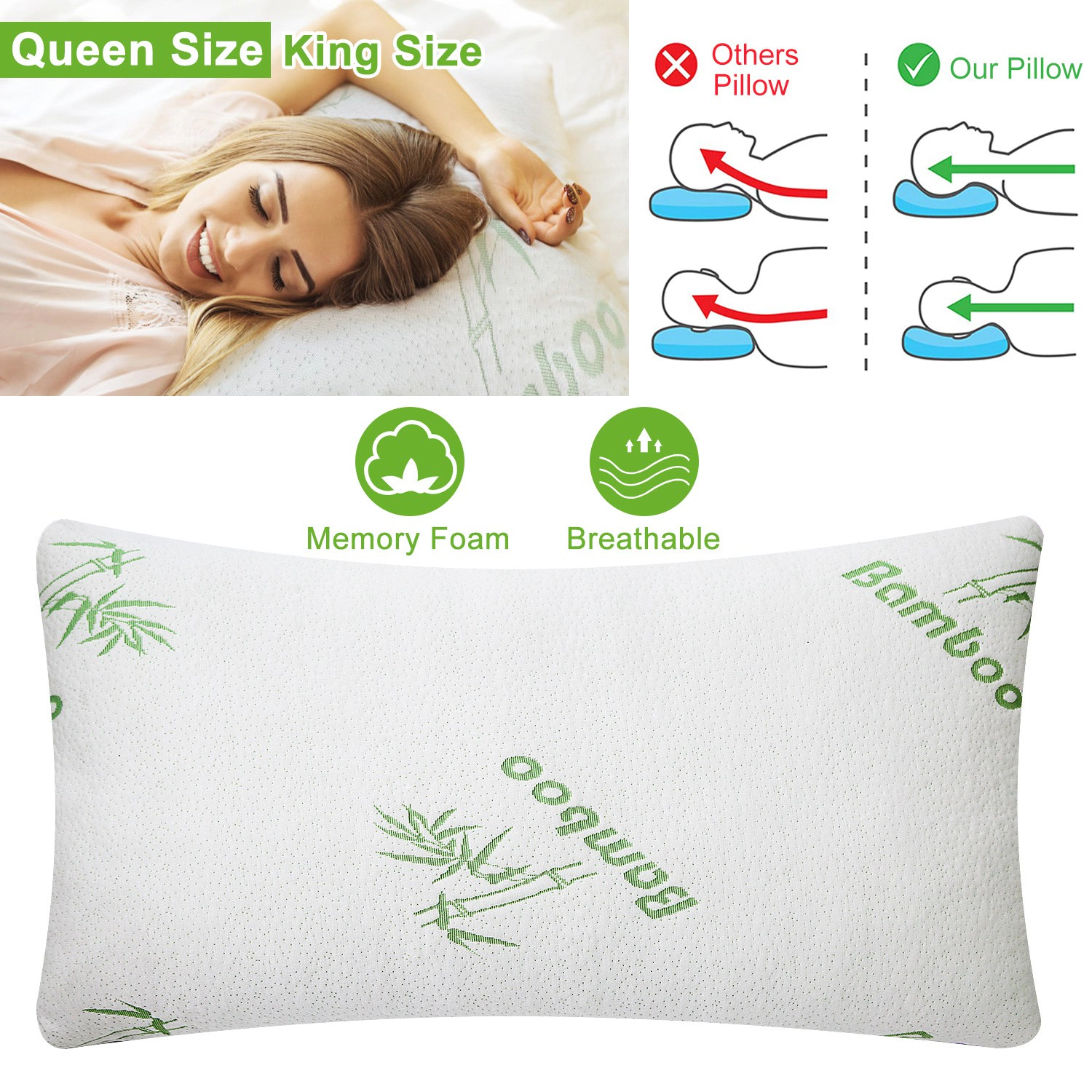 GBruno Bamboo Memory Foam Pillow Queen Size 2-Pack