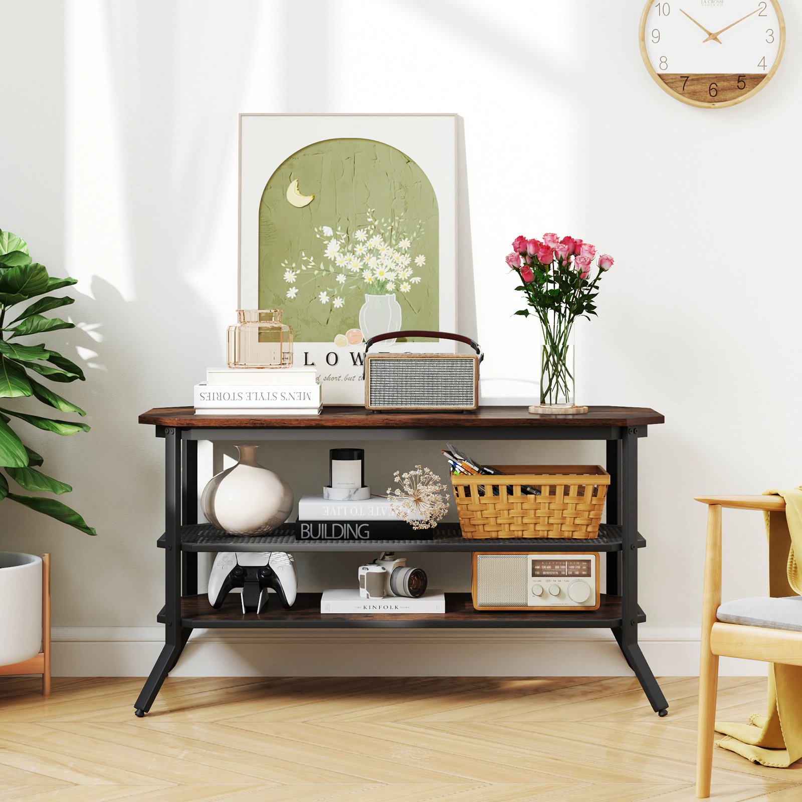LJG 3-tier Console Table TV Stand with Mesh Storage Shelf