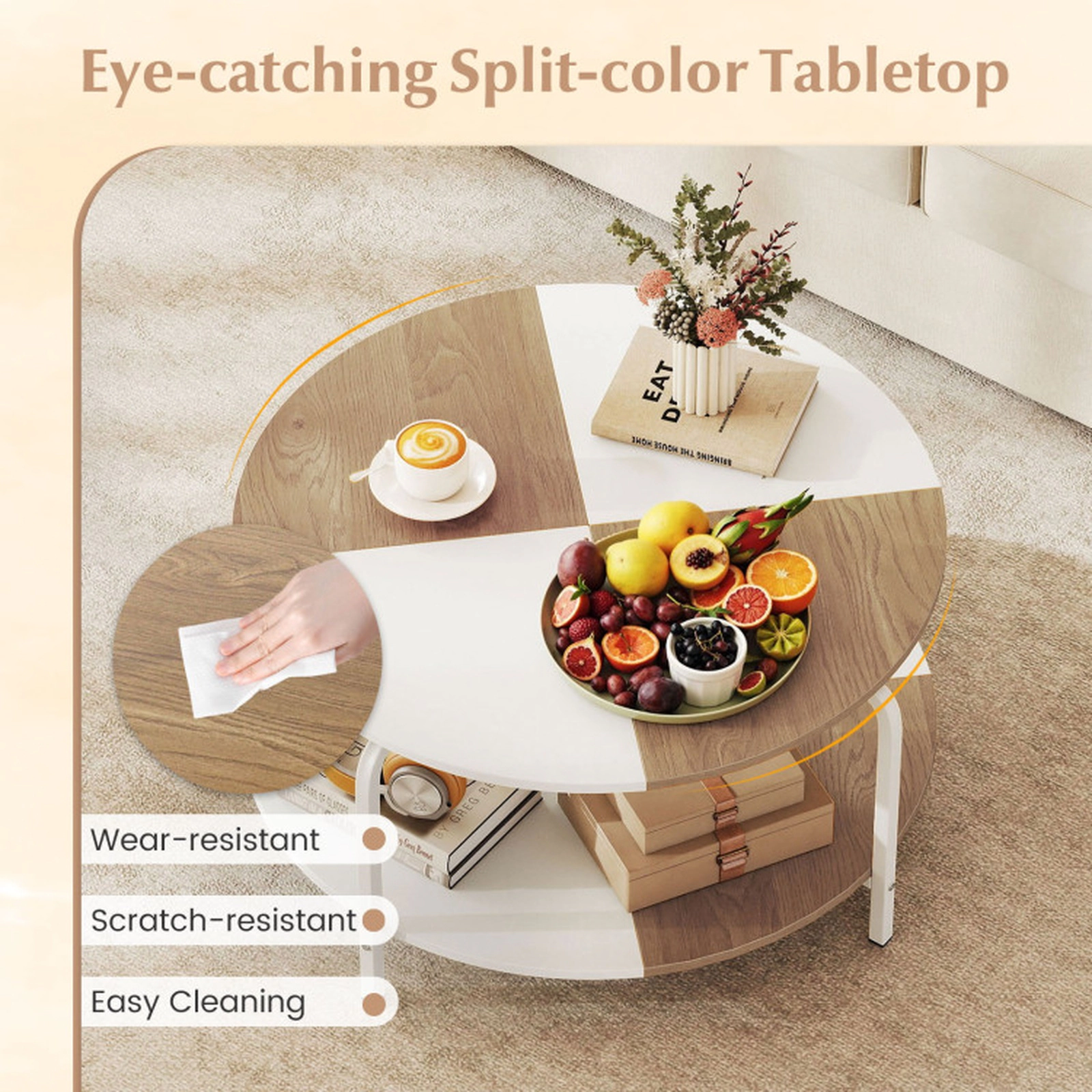 SUGIFT 2-Tier Round Coffee Table Metal Frame with Storage Shelf 220-lb Tabletop Capacity 31.5-in Round White and Natural