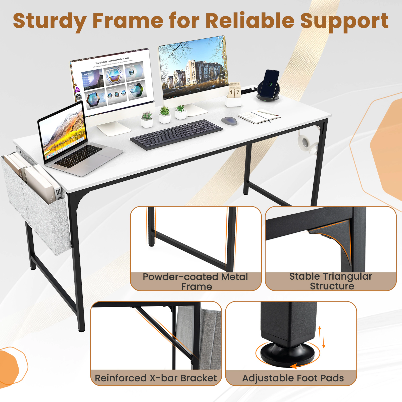 SUGIFT 60-Inch White Computer Desk with Power Outlet, USB Port, Storage Bag and Headphone Hook