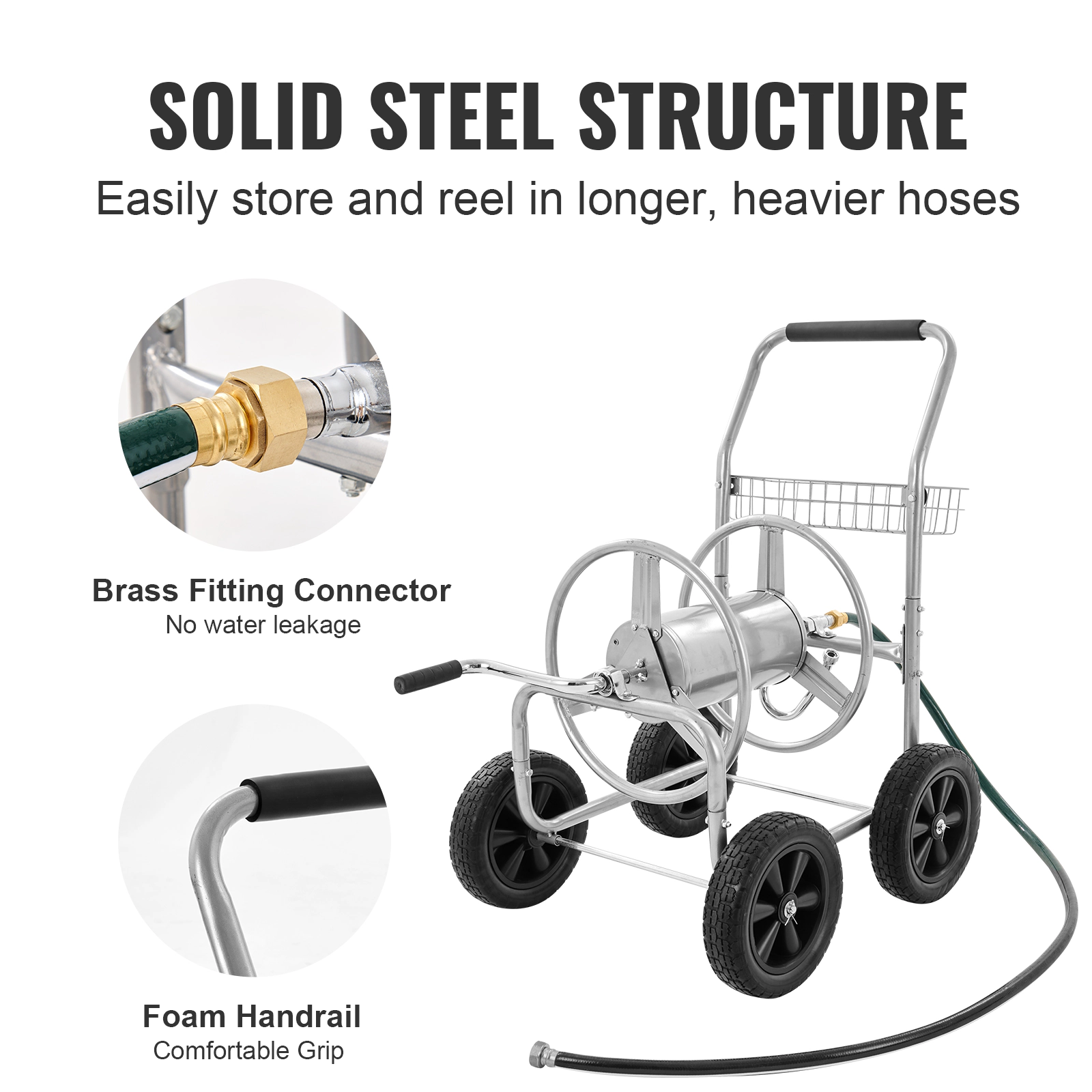 HONGGE Hose Reel Cart, Holds 300 ft of 5/8" or 500 ft of 1/2" Hose, Steel Frame with 4 Wheels and Storage Basket