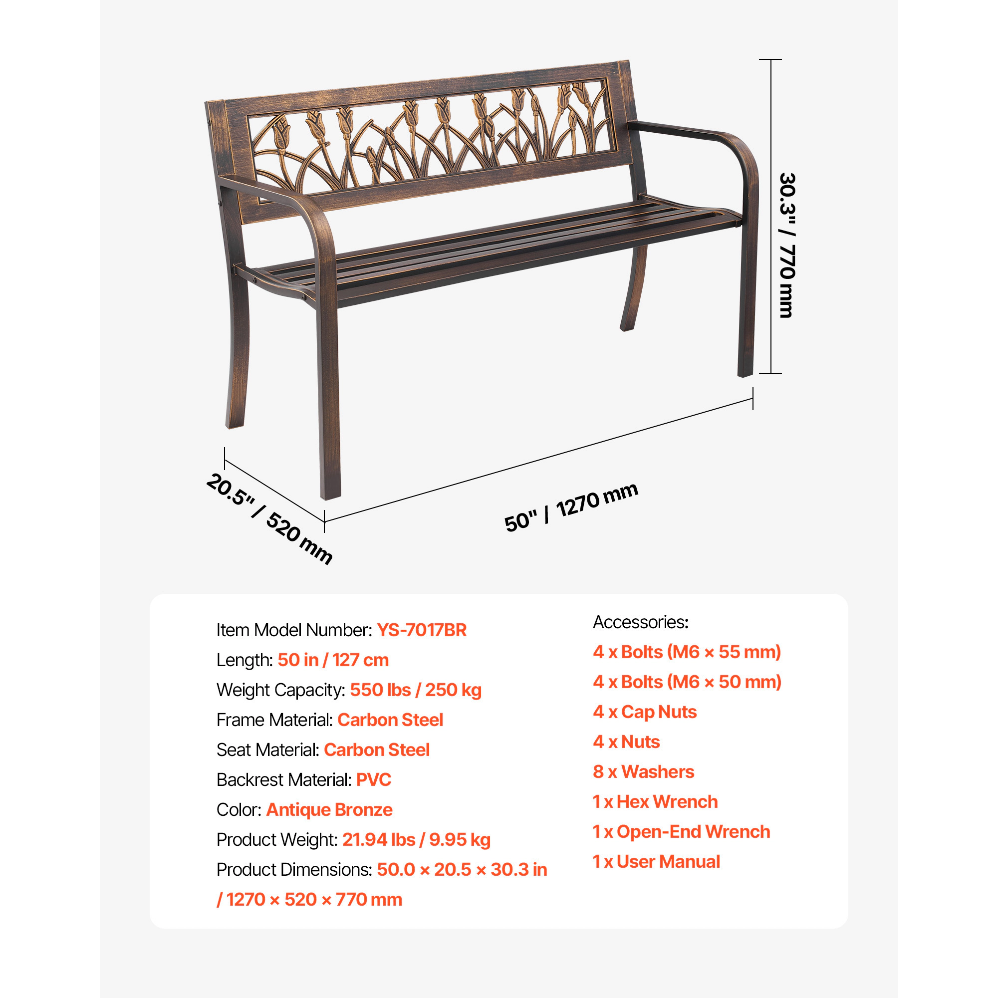 HONGGE Weatherproof Outdoor Bench Frame for Patio, Garden, Park, Yard, or Front Porch
