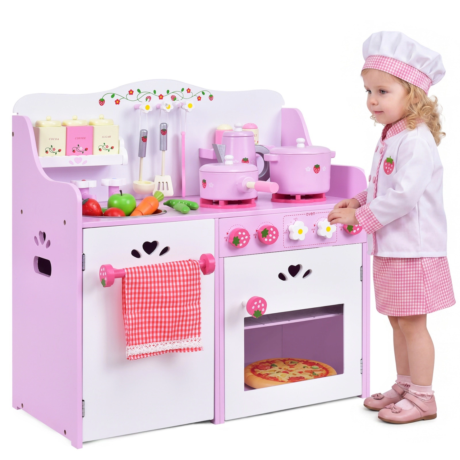 Small Wooden Play Kitchen for Toddlers Strawberry Design Working Knobs Storage Shelf 23.6-in x 11.6-in x 24.4-in Pink