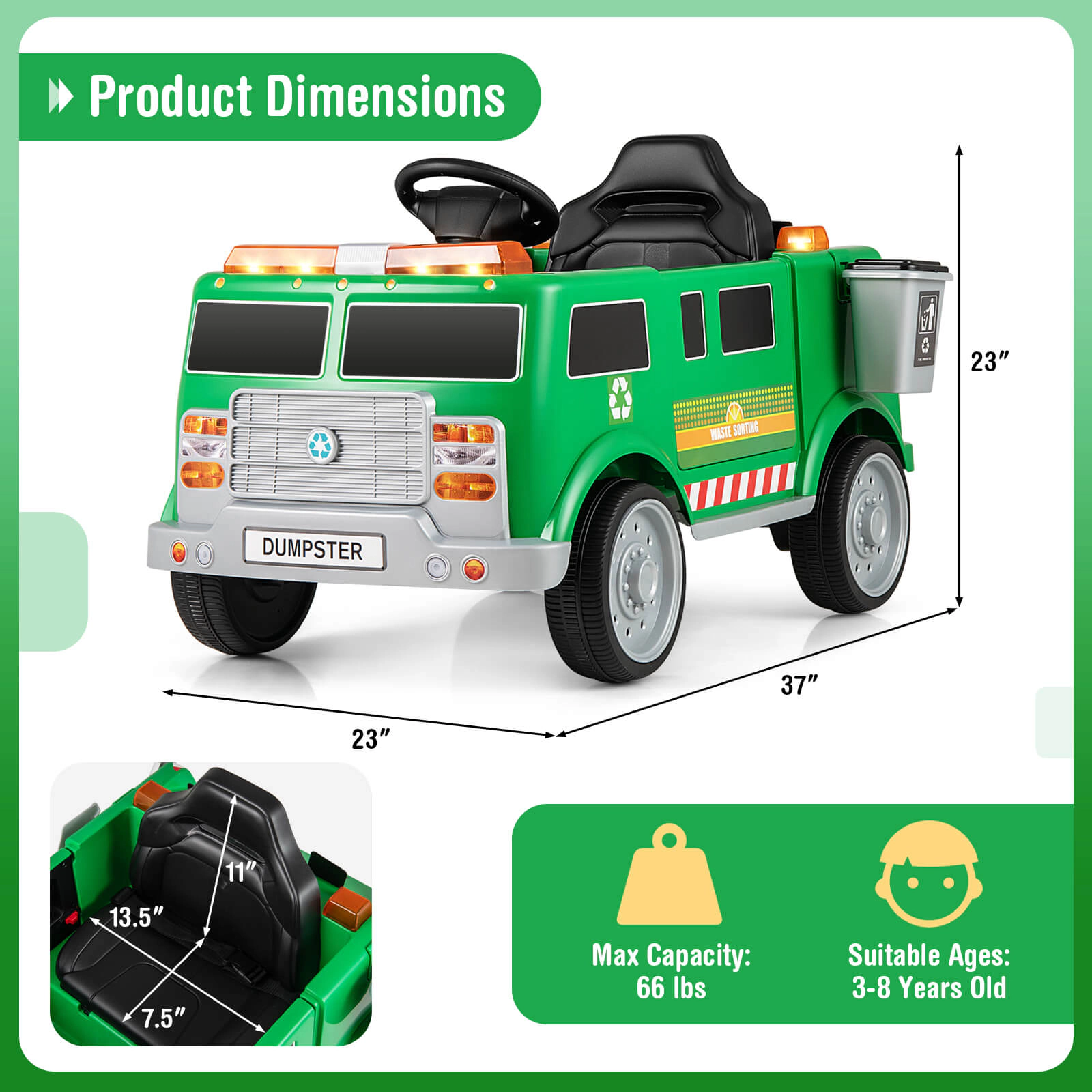 Costway Ride on Garbage Truck with Remote Control Trash Bin Shovel Lights Sound Effects