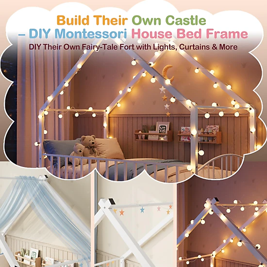 Kids Metal Montessori Floor Bed with House-Shaped Roof, Full-Length Guardrails and Low Profile