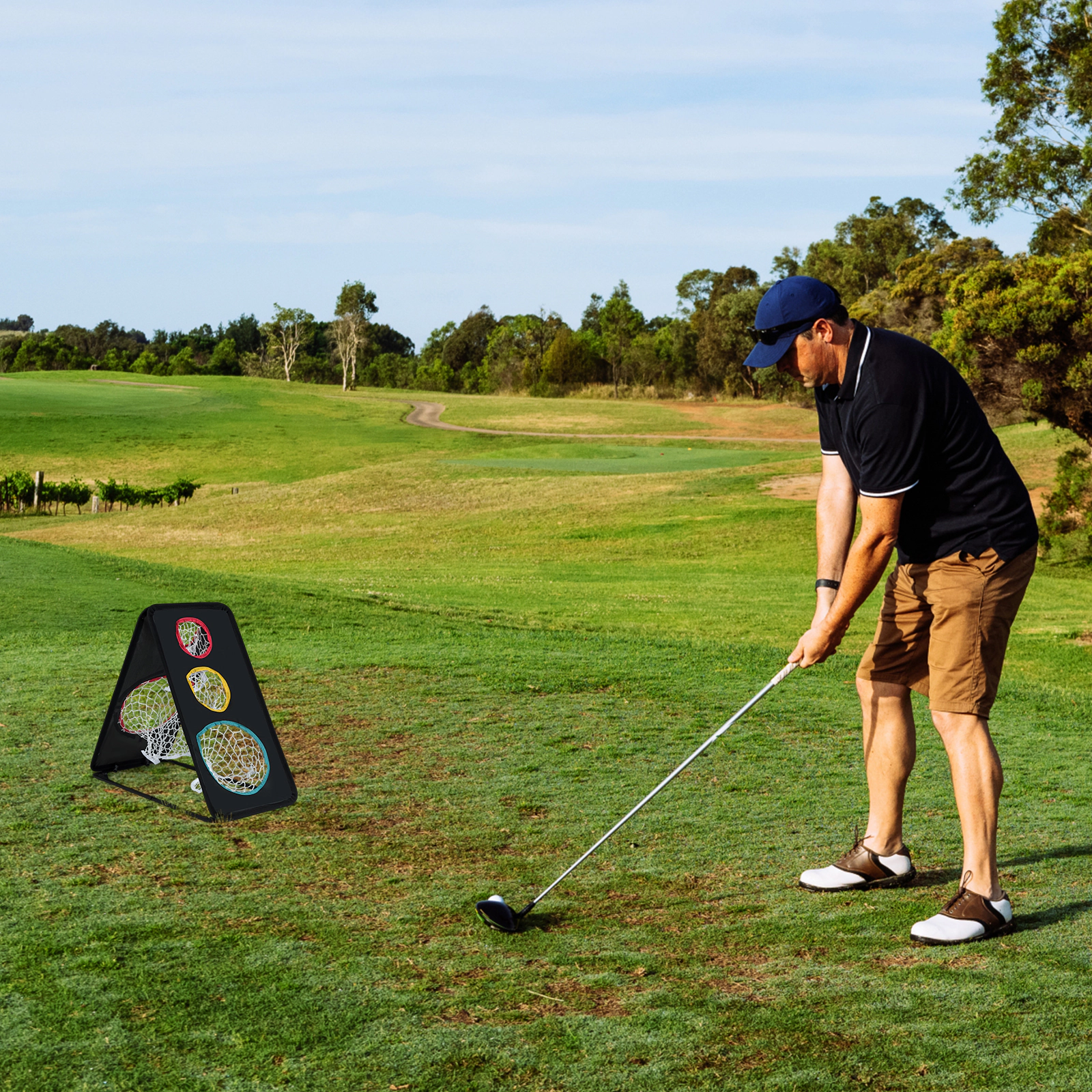 Dual-Sided Golf Chipping Net 5 Target Holes Reinforced Triangular Frame Tool-Free Buckles 24-in Foldable Black