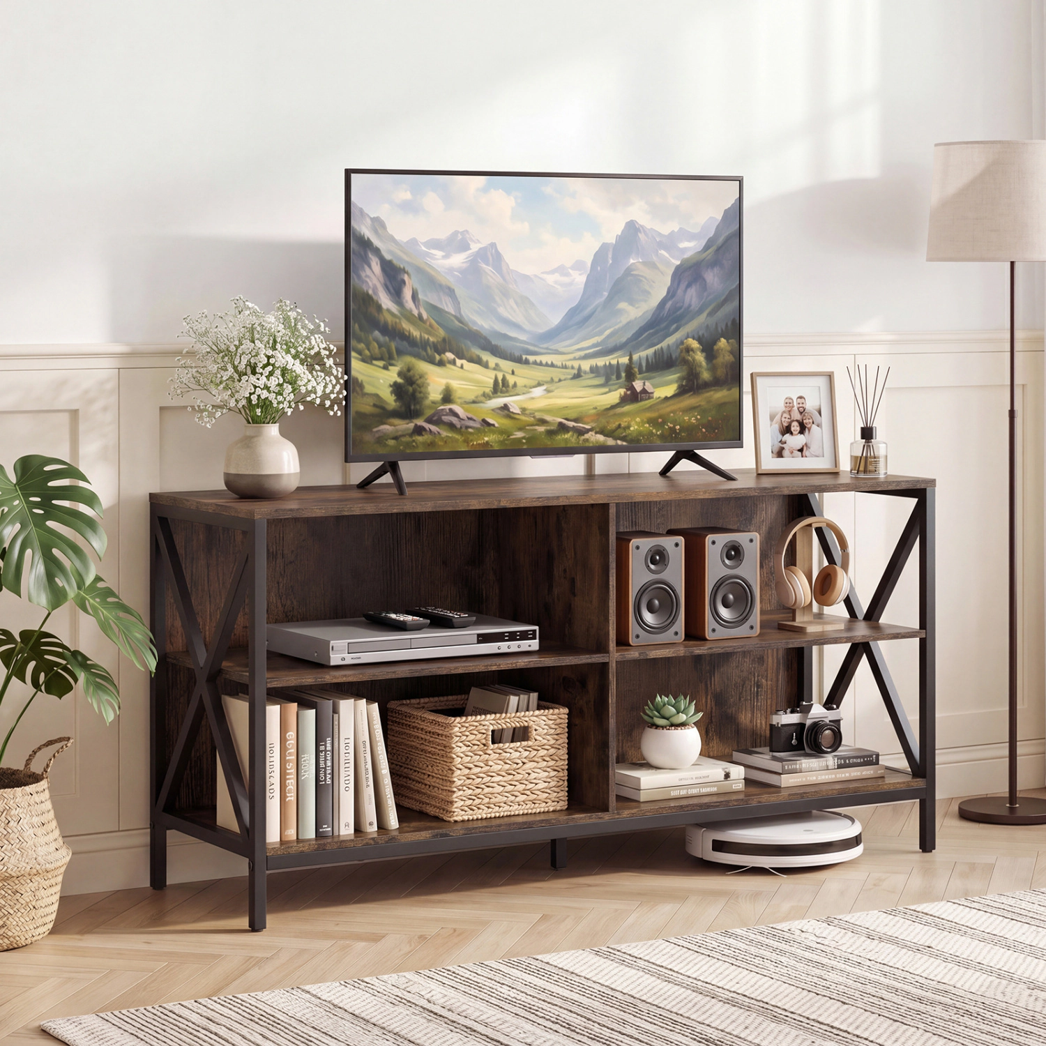 Hivvago Wooden Tv Stand Entertainment For Tvs Up To 55 Inch With X-Shaped Frame