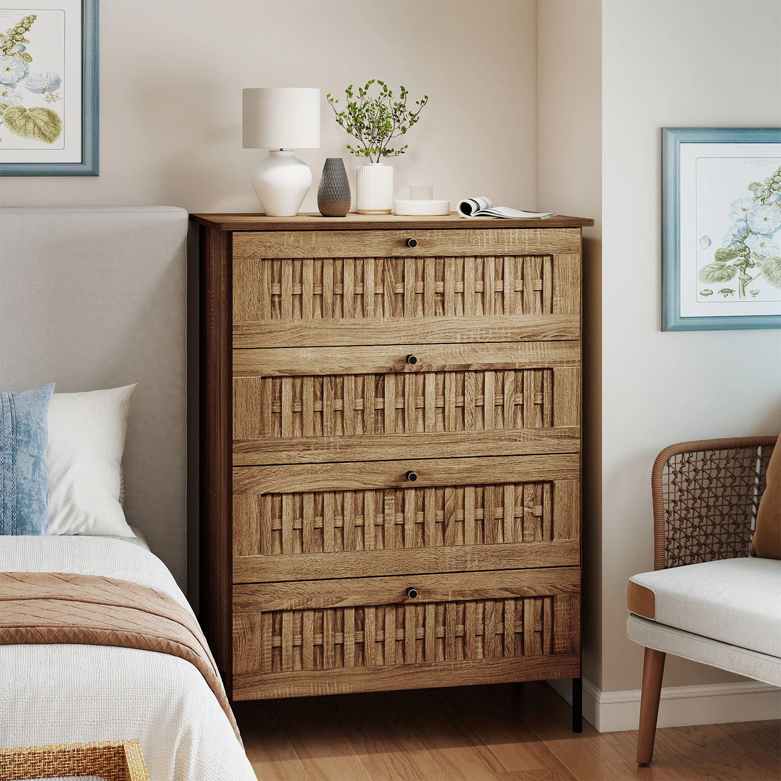 SlickBlue 4-Drawer Bedroom Dresser with Rattan Texture & Metal Legs
