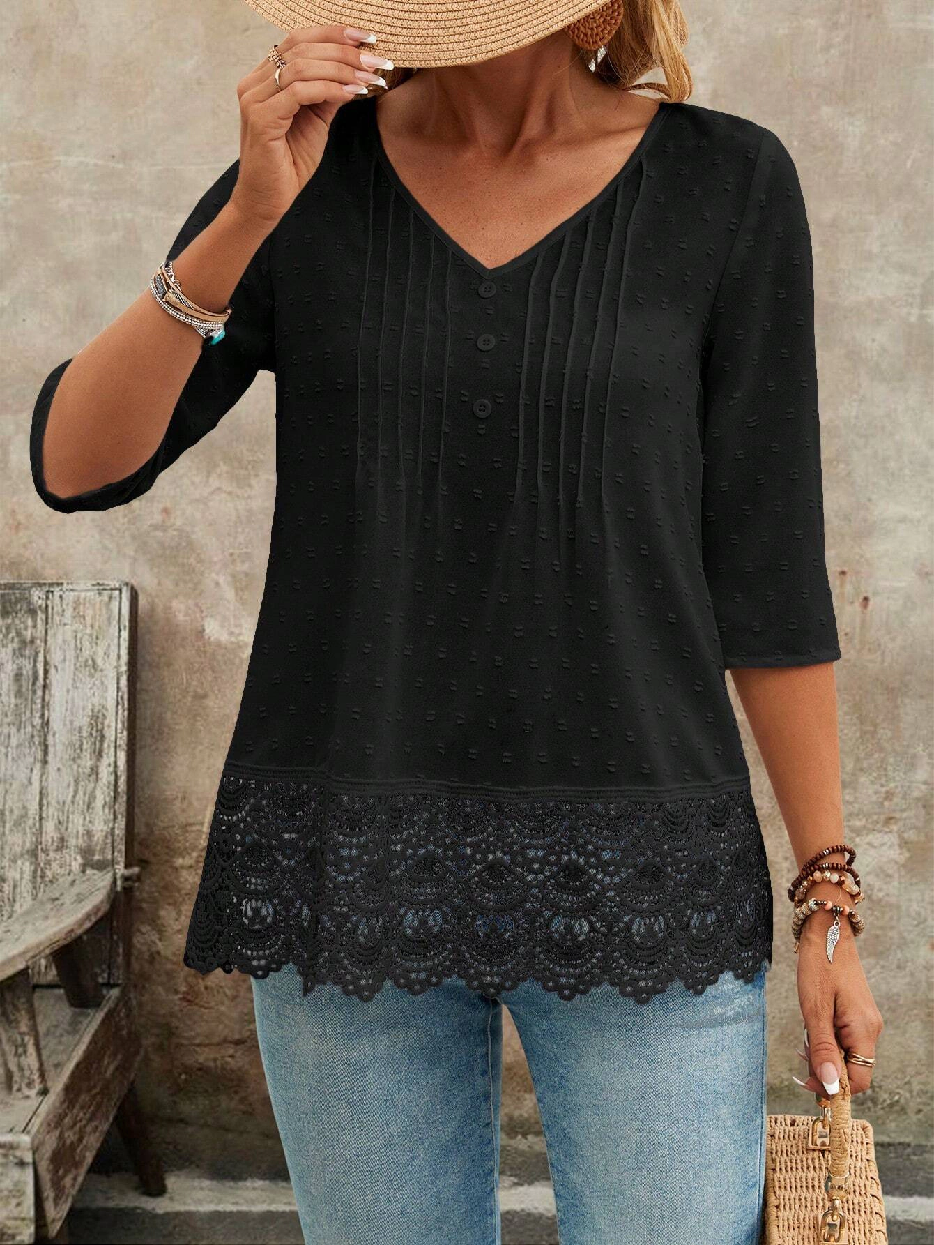 KOJOOIN Women's V Neck 3/4 Sleeve Dot Crochet Lace Trim Tunic Blouse Top