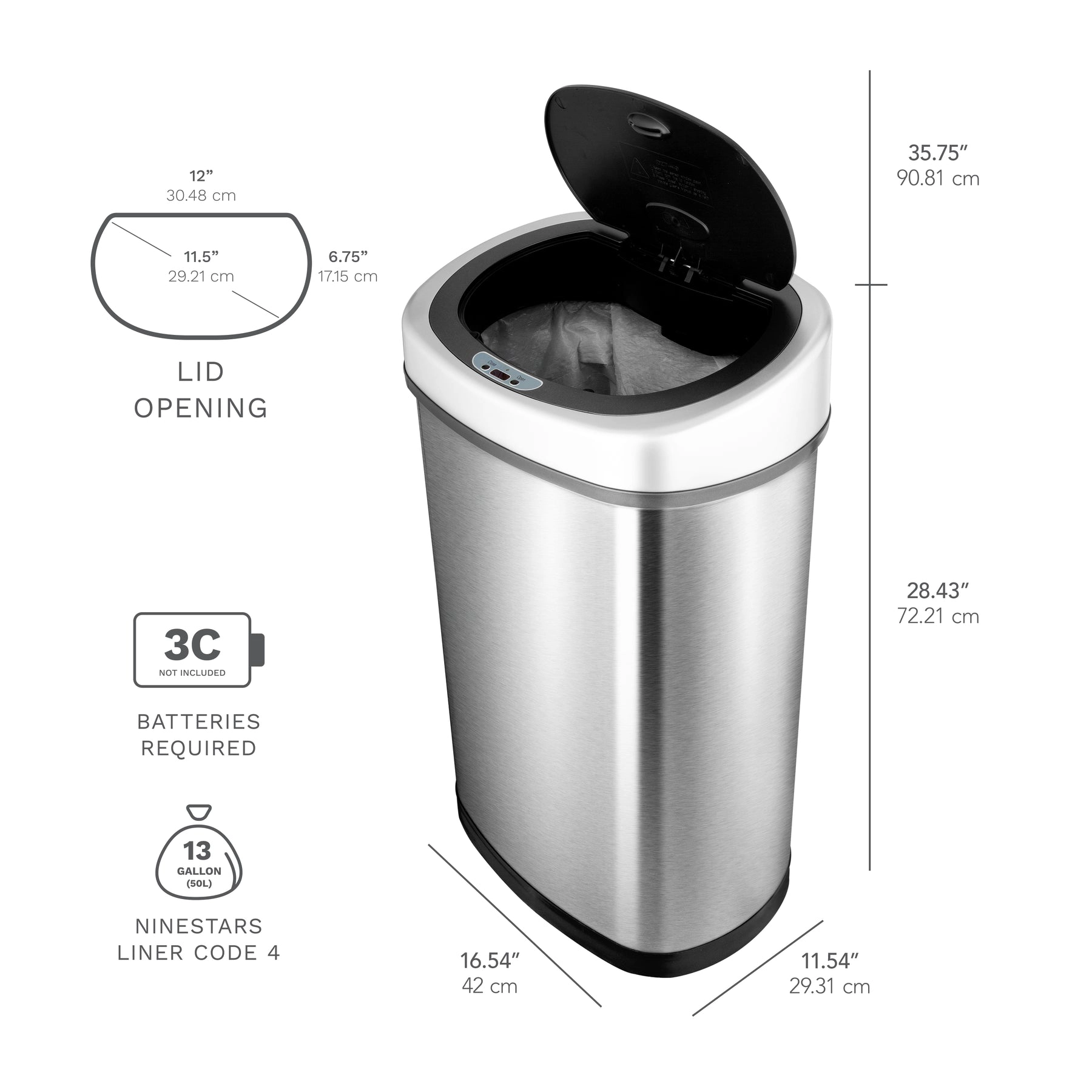 Ninestars Classic Oval 13.2-Gallon Stainless Steel Motion Sensor Trash Can