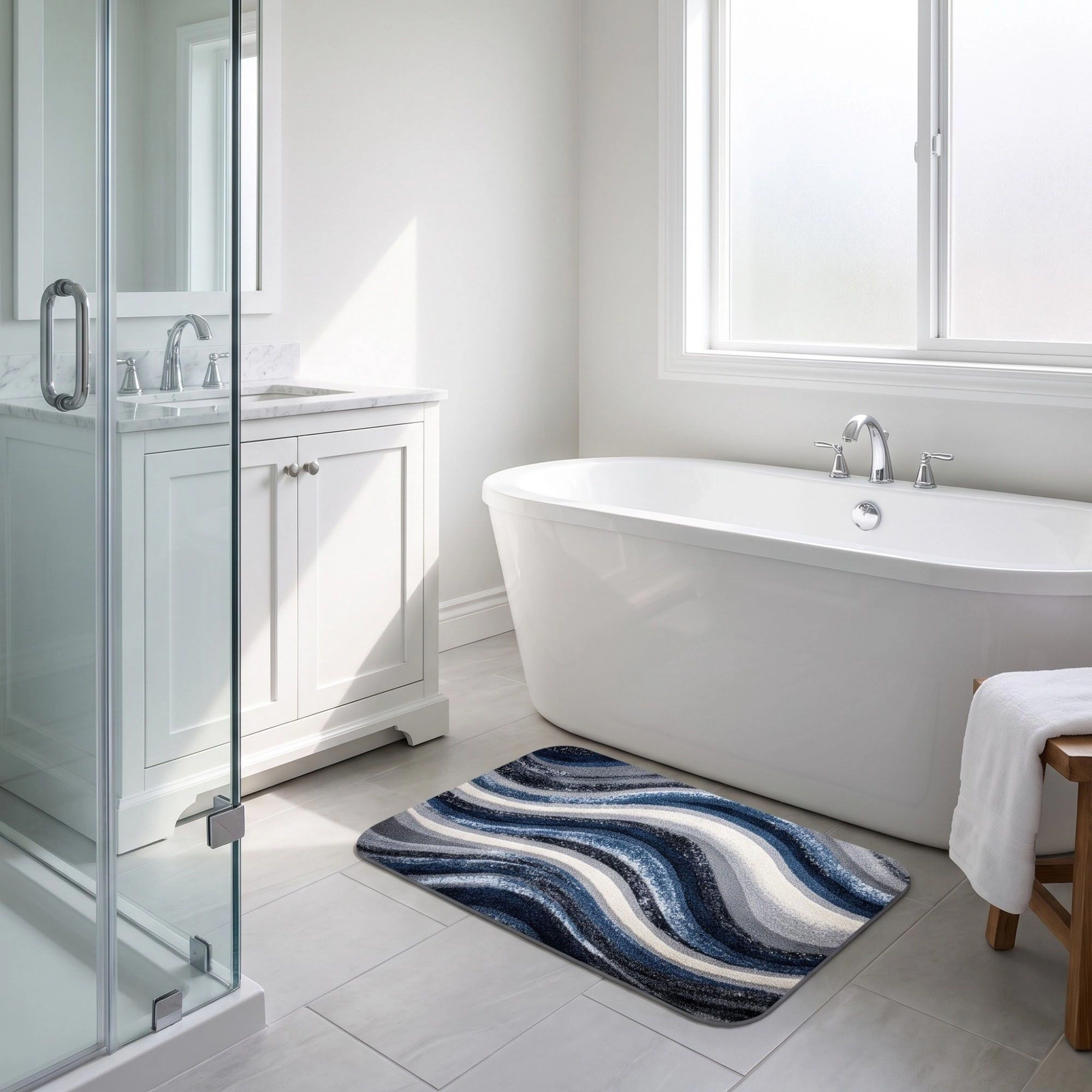 Alilang Unisex Abstract Navy Blue Wave Plush Bathroom Mat with Swirling Line Design