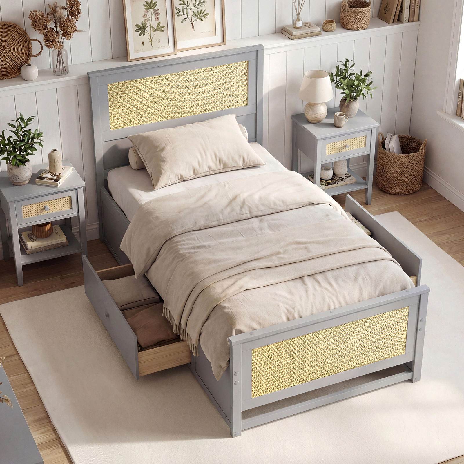 SUGIFT Gray 2 Storage Drawers and Wooden Slat Support Twin Size Rattan Bed Frame