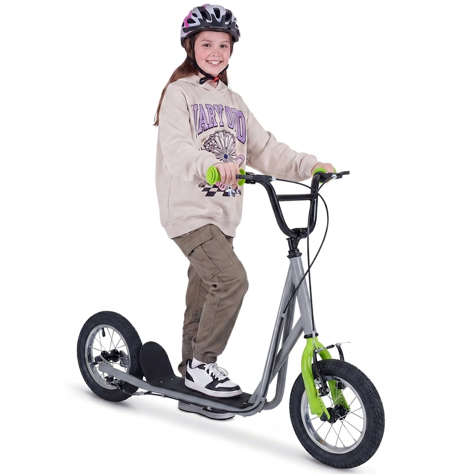 SUGIFT Kids Gray Kick Scooter with 12-in Air-Filled Wheels and Dual V-Brakes 33-in to 35-in H 165-lb Rider Capacity