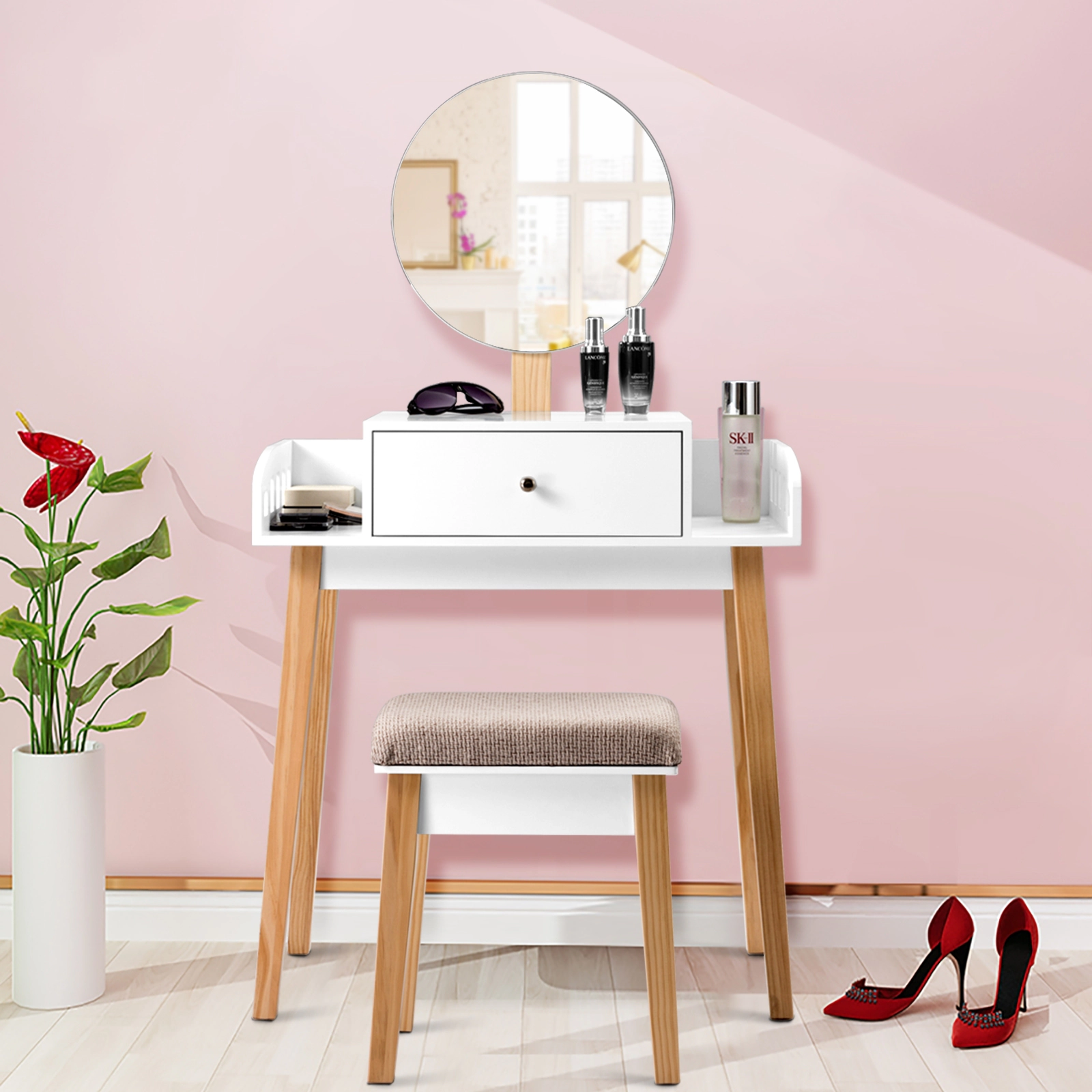 SUGIFT 2-Piece Makeup Vanity Set with 16-Inch Round Mirror and Cushioned Stool