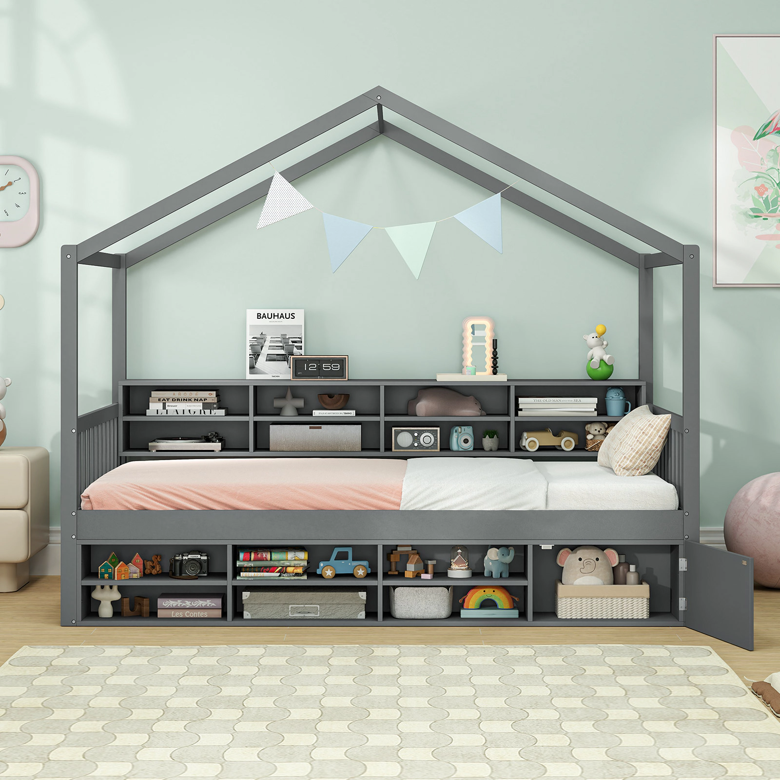 SUGIFT Twin House Bed with Roof, 14 Storage Cubes, Cabinet and Guardrails, Gray/White