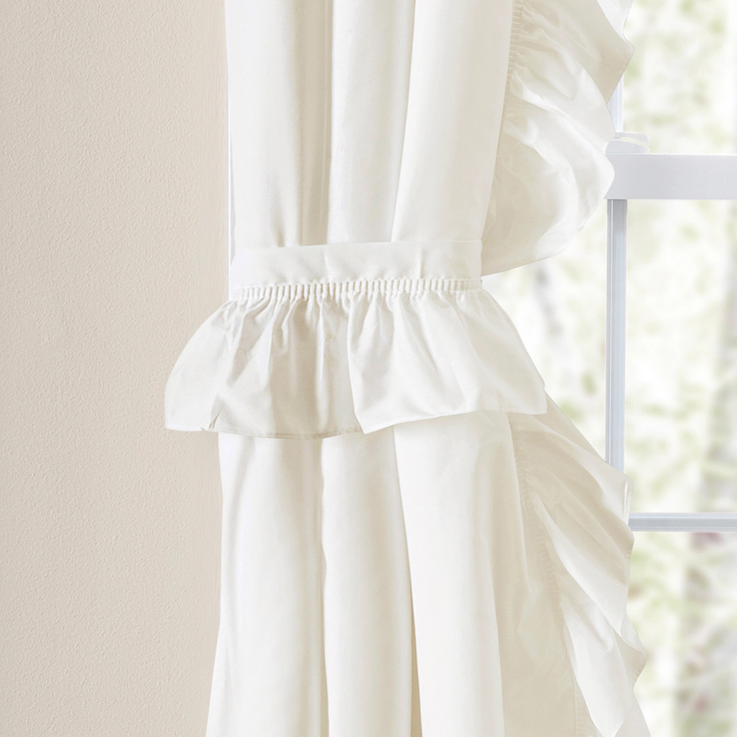 Ellis Curtain Classic Wide Solid Color Perma Press Ruffled Priscilla Curtain Panel With Ties 84" x 45" Natural