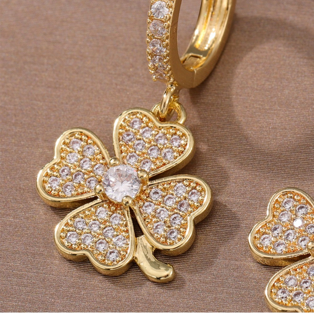 Pave CZ Four Leaf Clover Dangle Huggie Earring