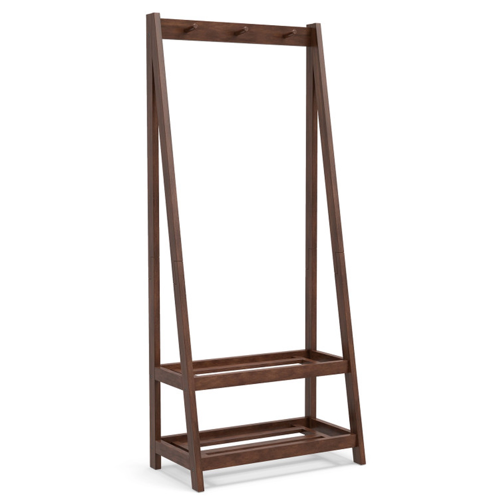 SUGIFT Walnut 55-in Tall Freestanding Solid Rubber Wood Clothes Rack with 3 Hooks and 2 Storage Shelves