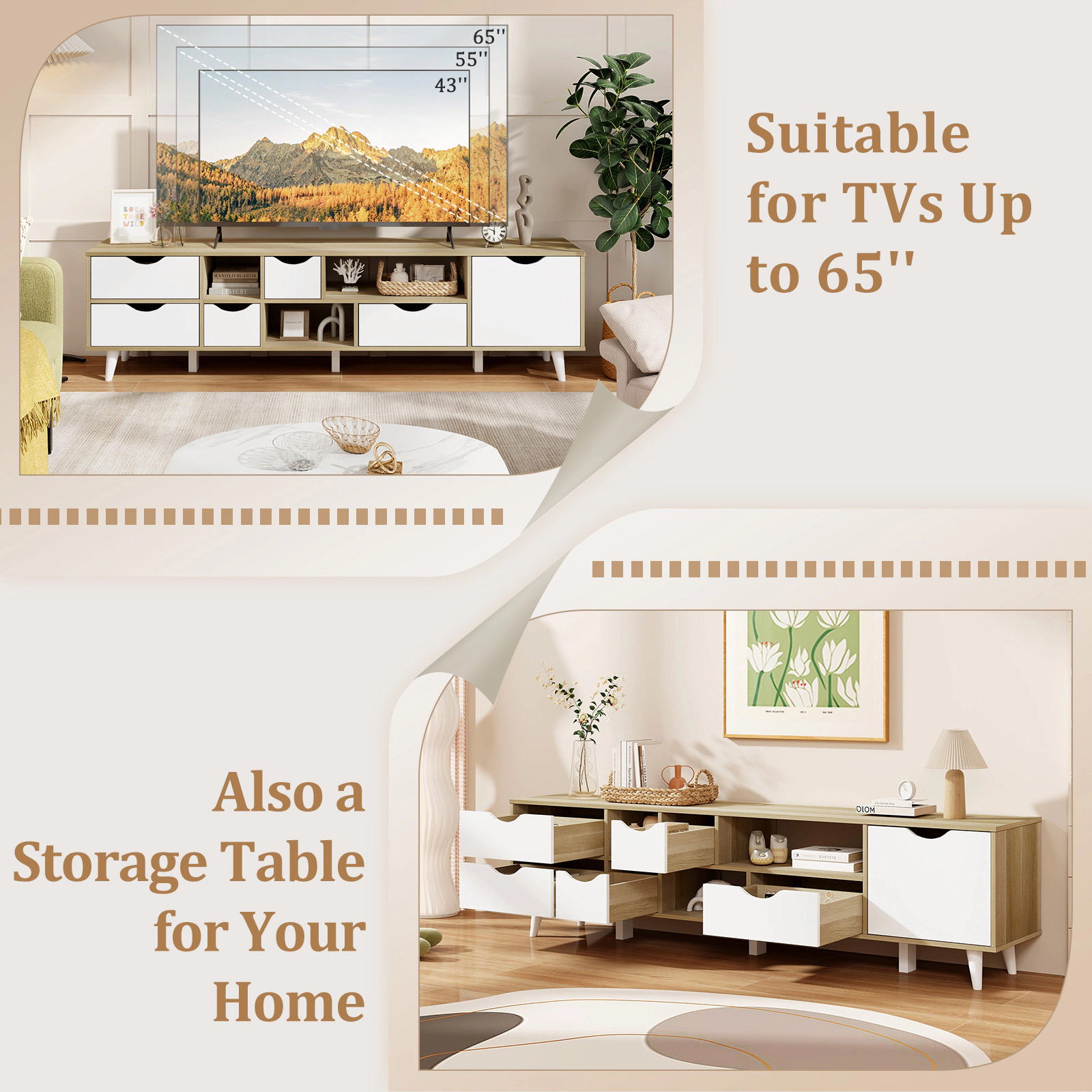 SUGIFT 59-in Engineered Wood MDF TV Stand for TVs up to 65 in 5 Drawers 3 Open Shelves Adjustable Shelf 57-lb Net Weight
