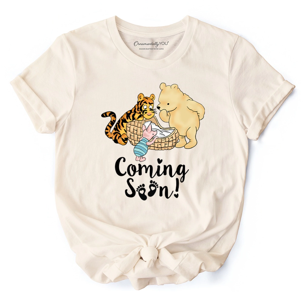 OrnamentallyYou Womens Winnie-The-Pooh Pregnancy Announcement Baby Coming Soon T-Shirt