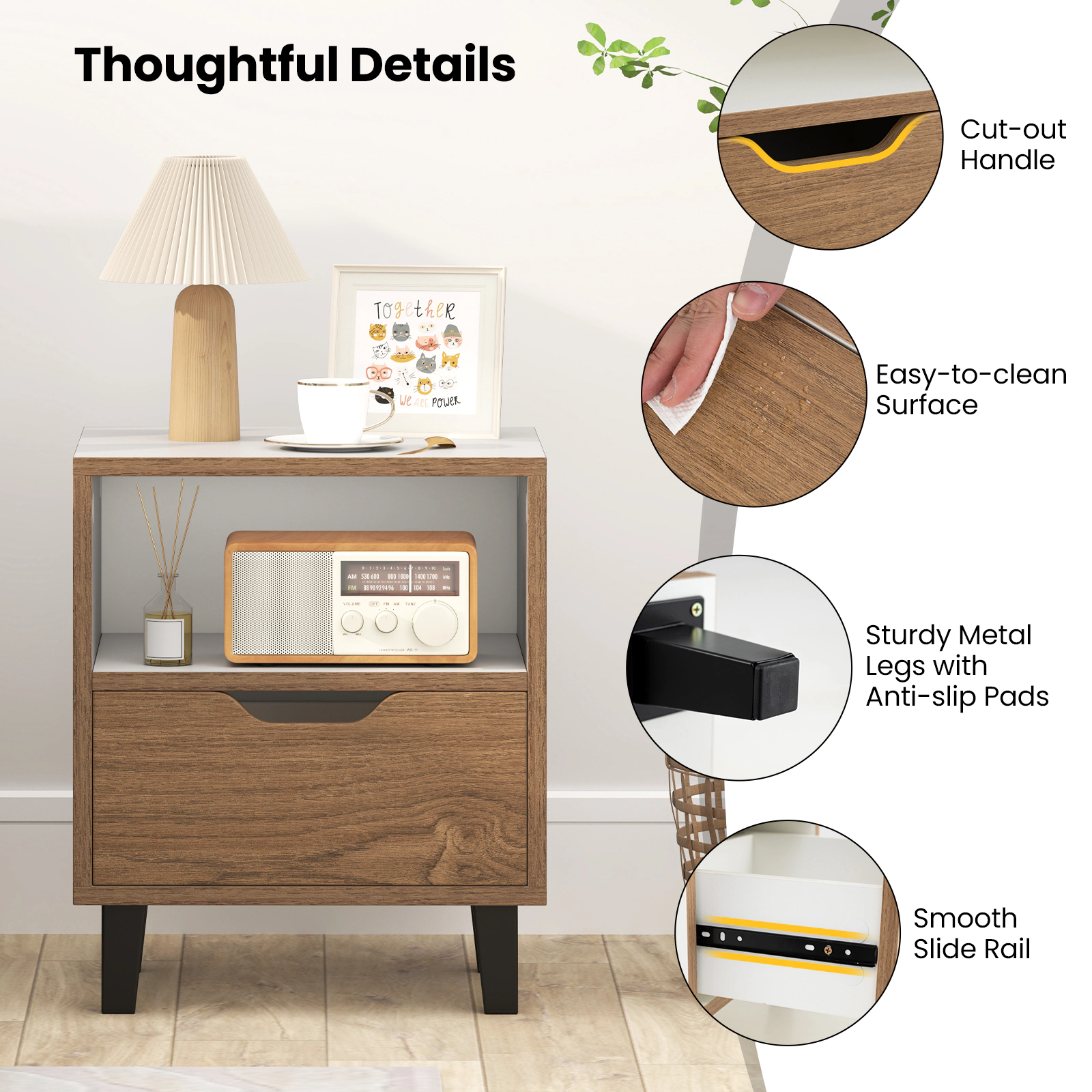 Hivvago Nightstand with Drawer and Open Storage Shelf for Bedroom