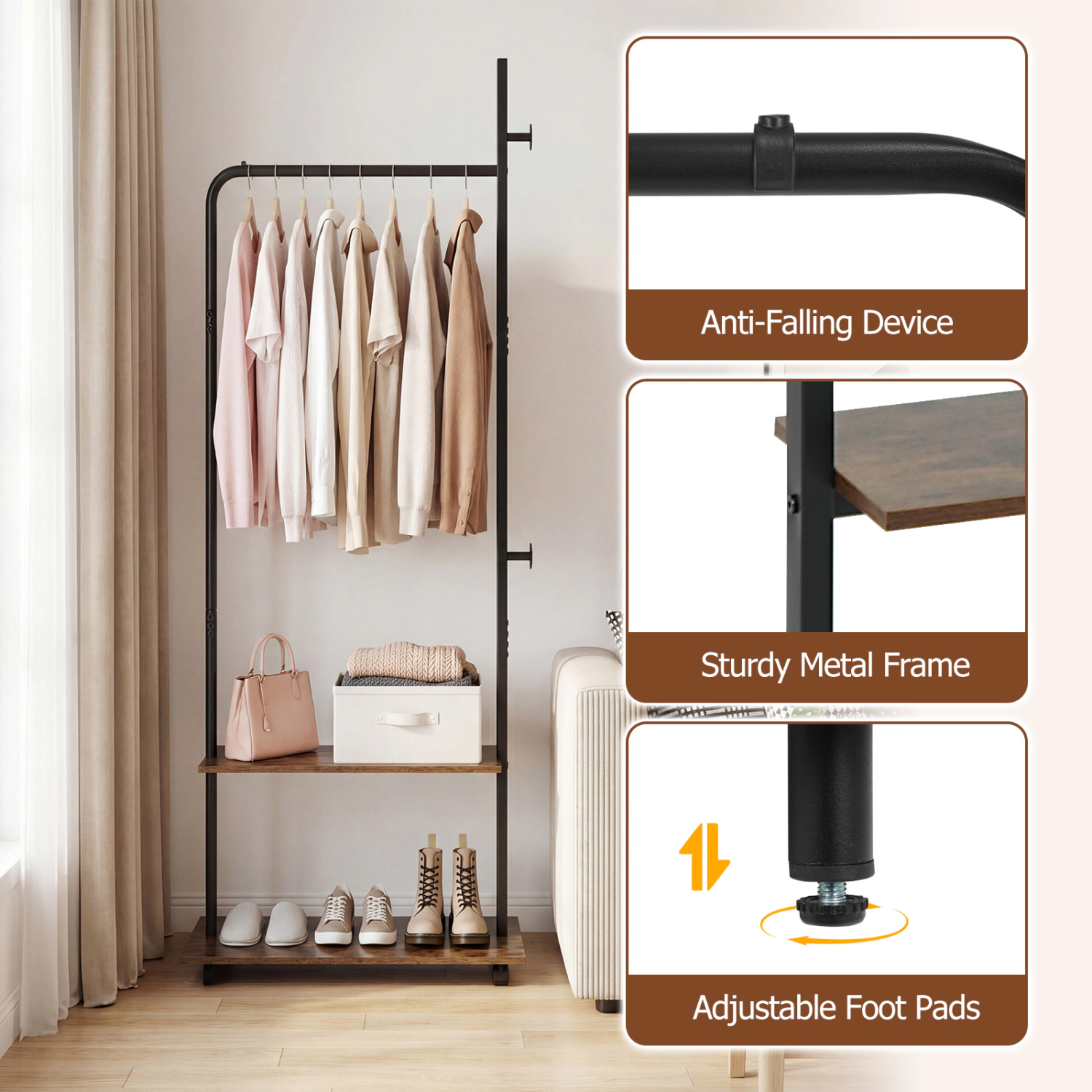 Glintex Rolling Clothing Rack with Anti-Falling Device and 43.5-Inch Hanging Height, Rustic Brown