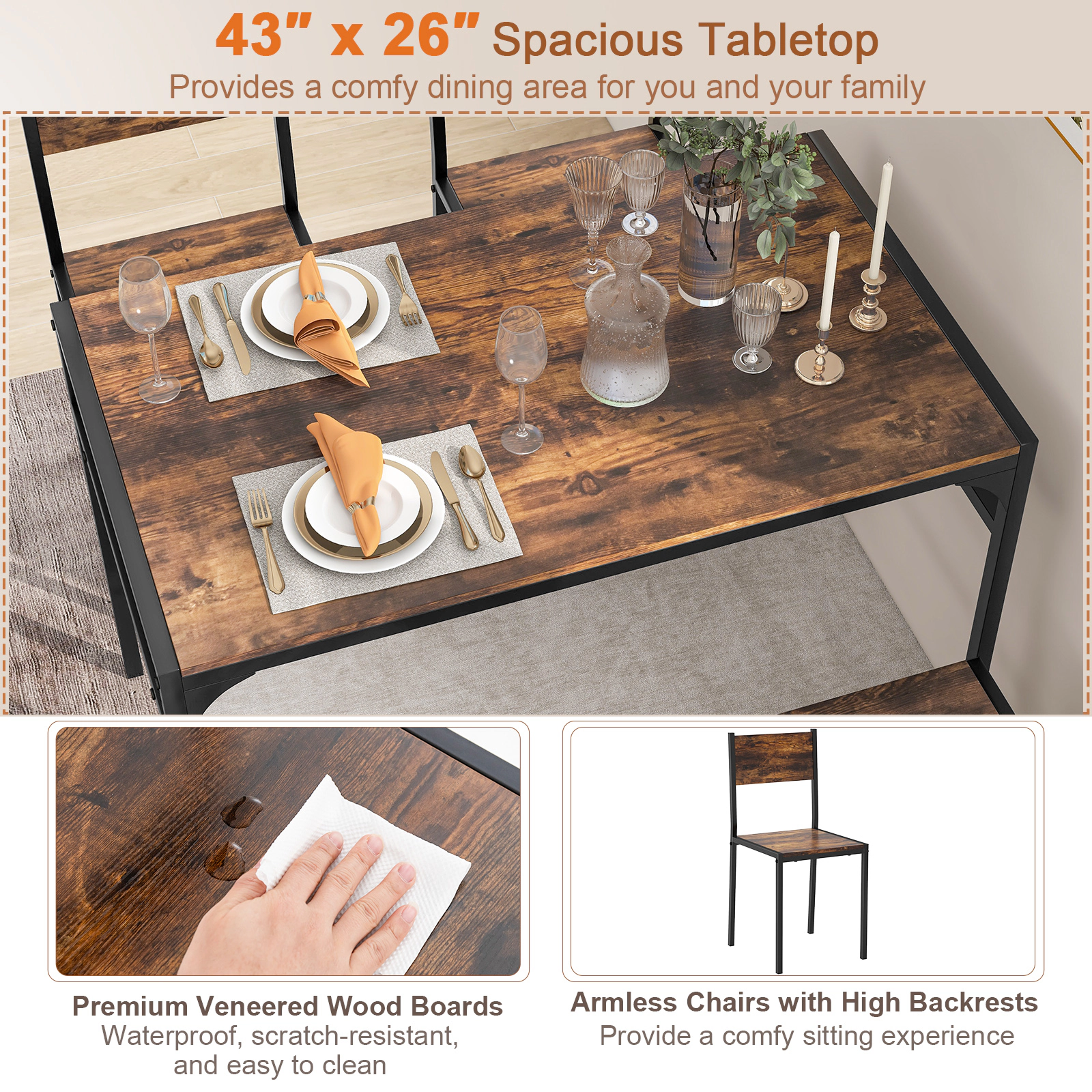 SUGIFT 4-Piece Industrial Dining Set, 43-Inch Table, Bench, 2 Chairs, 2 Storage Shelves