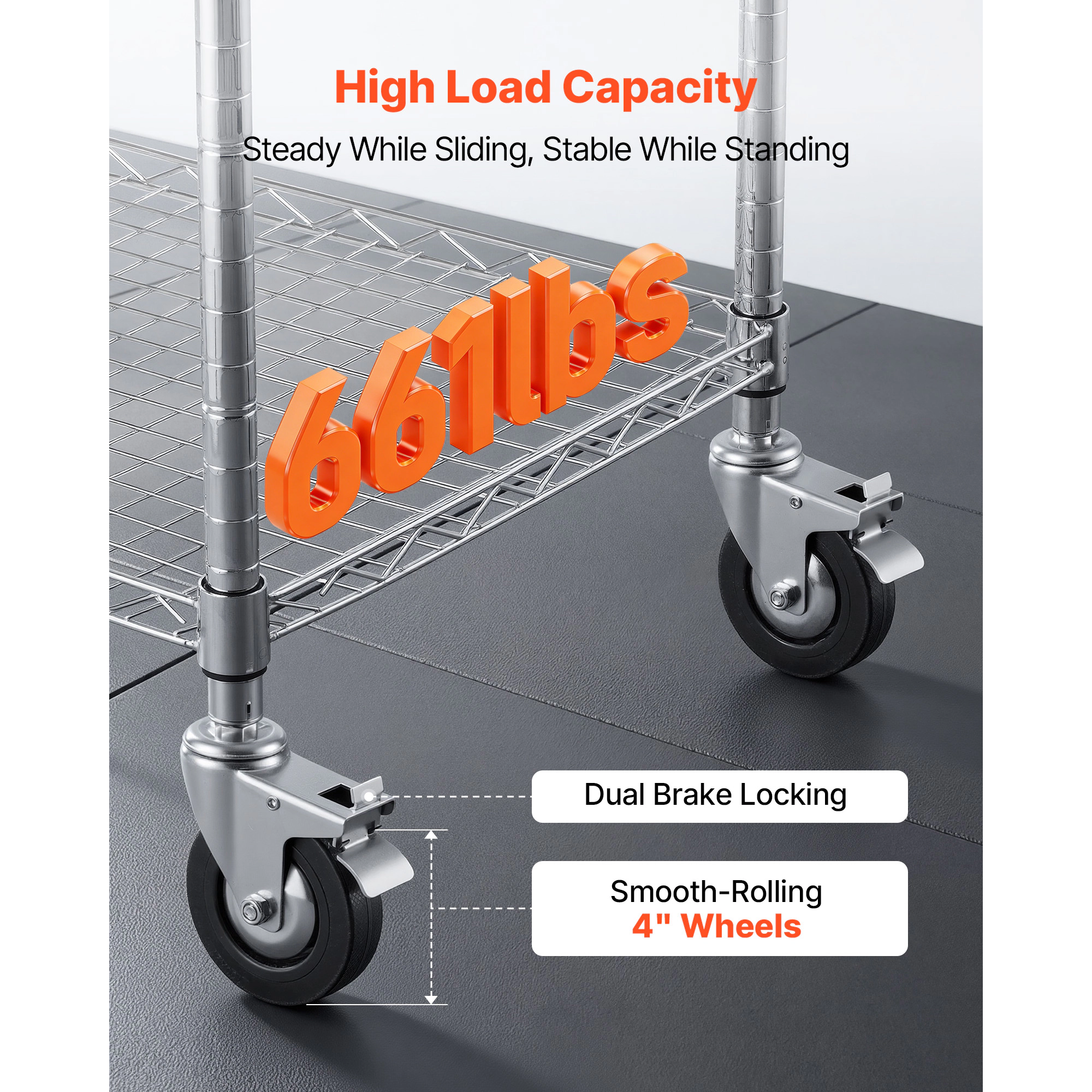 HONGGE Kitchen Utility Cart 3 Tier Heavy Duty Adjustable Wire Storage Rack Commercial Steel Rolling Service Trolley on
