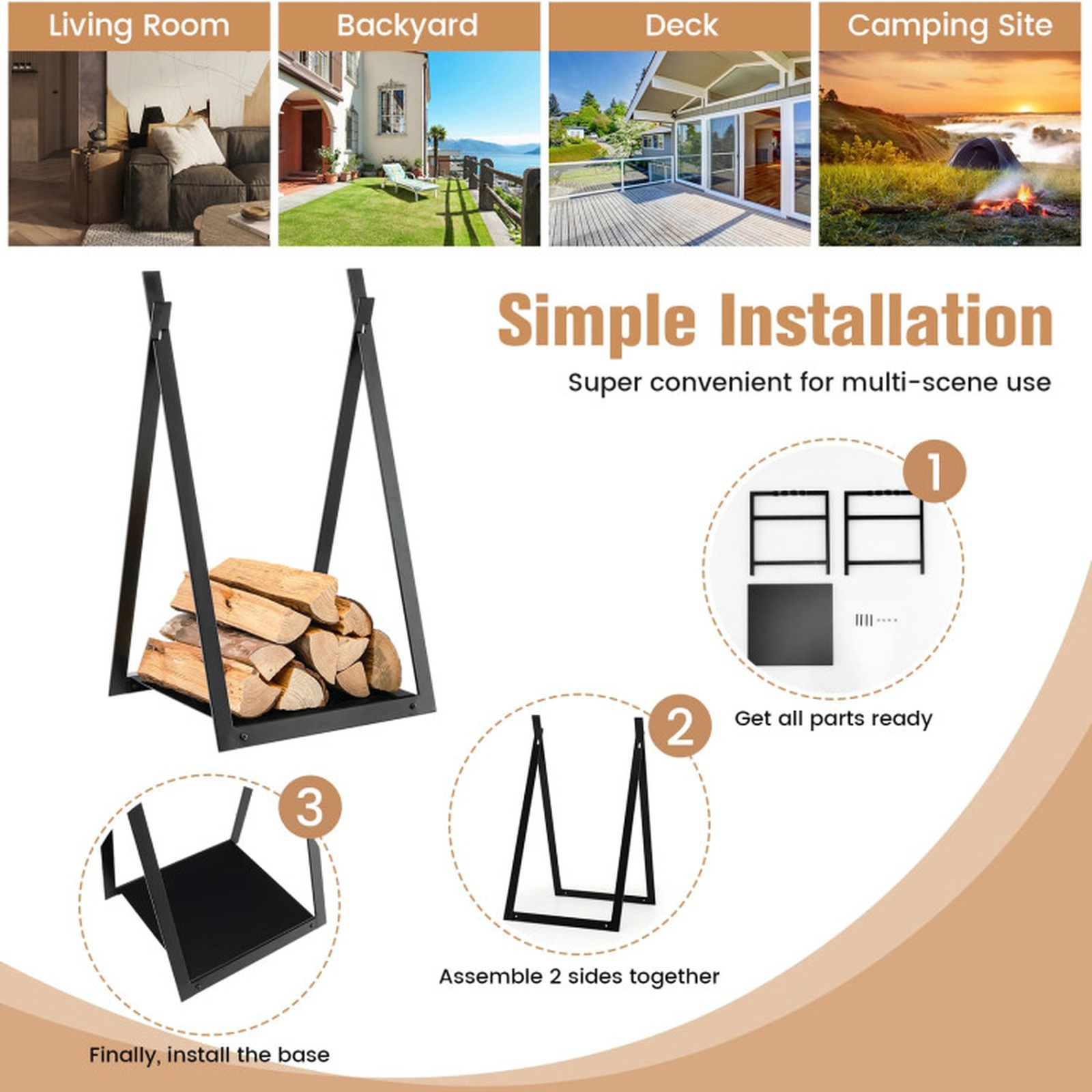 SUGIFT Black 132-lb Capacity Triangle Steel Firewood Rack Outdoor with Raised Solid Base and Square Tube Frame