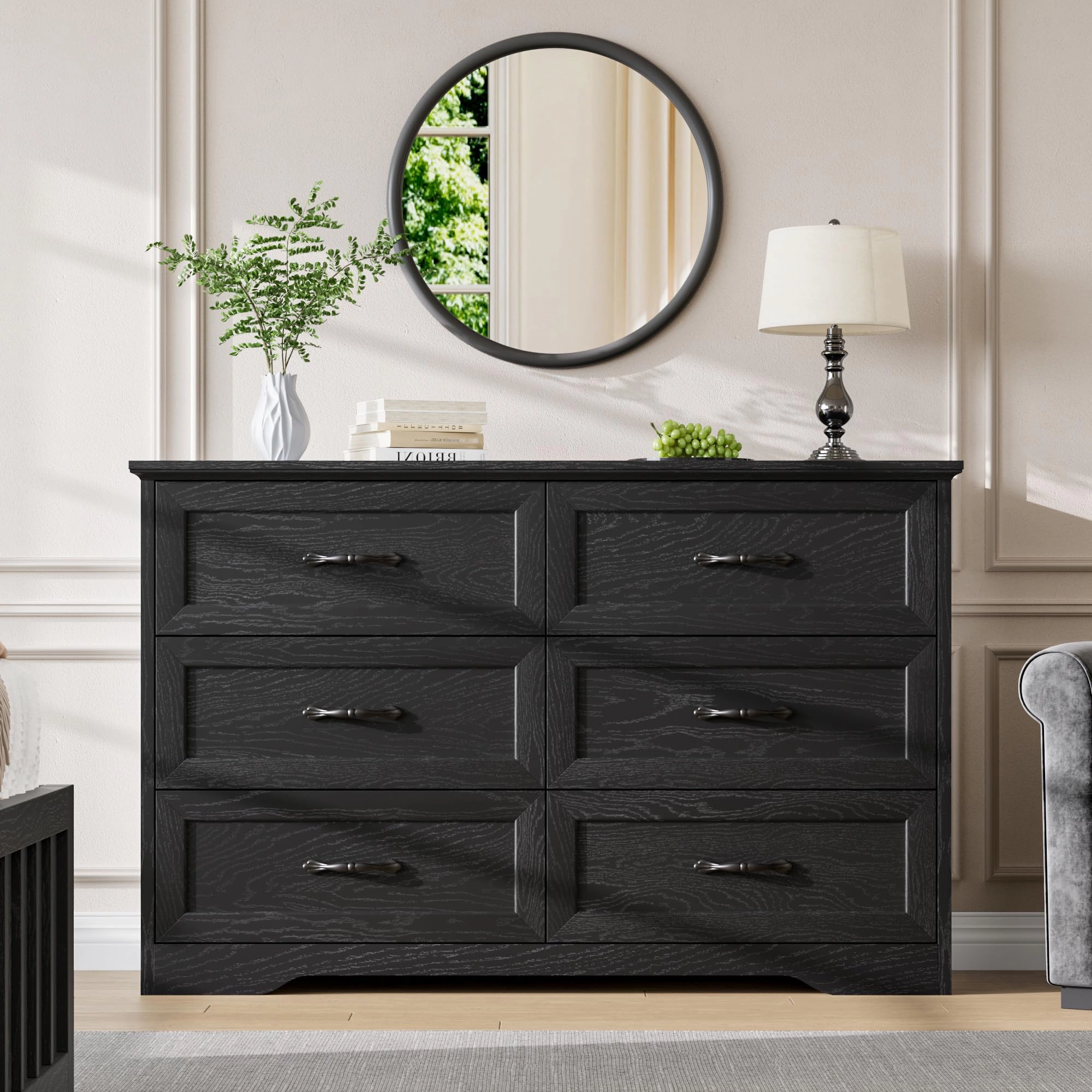 Farmhouse 6 Drawer Dresser with Metal Handles, 47.2" Wide Wooden Storage Cabinet for Bedroom