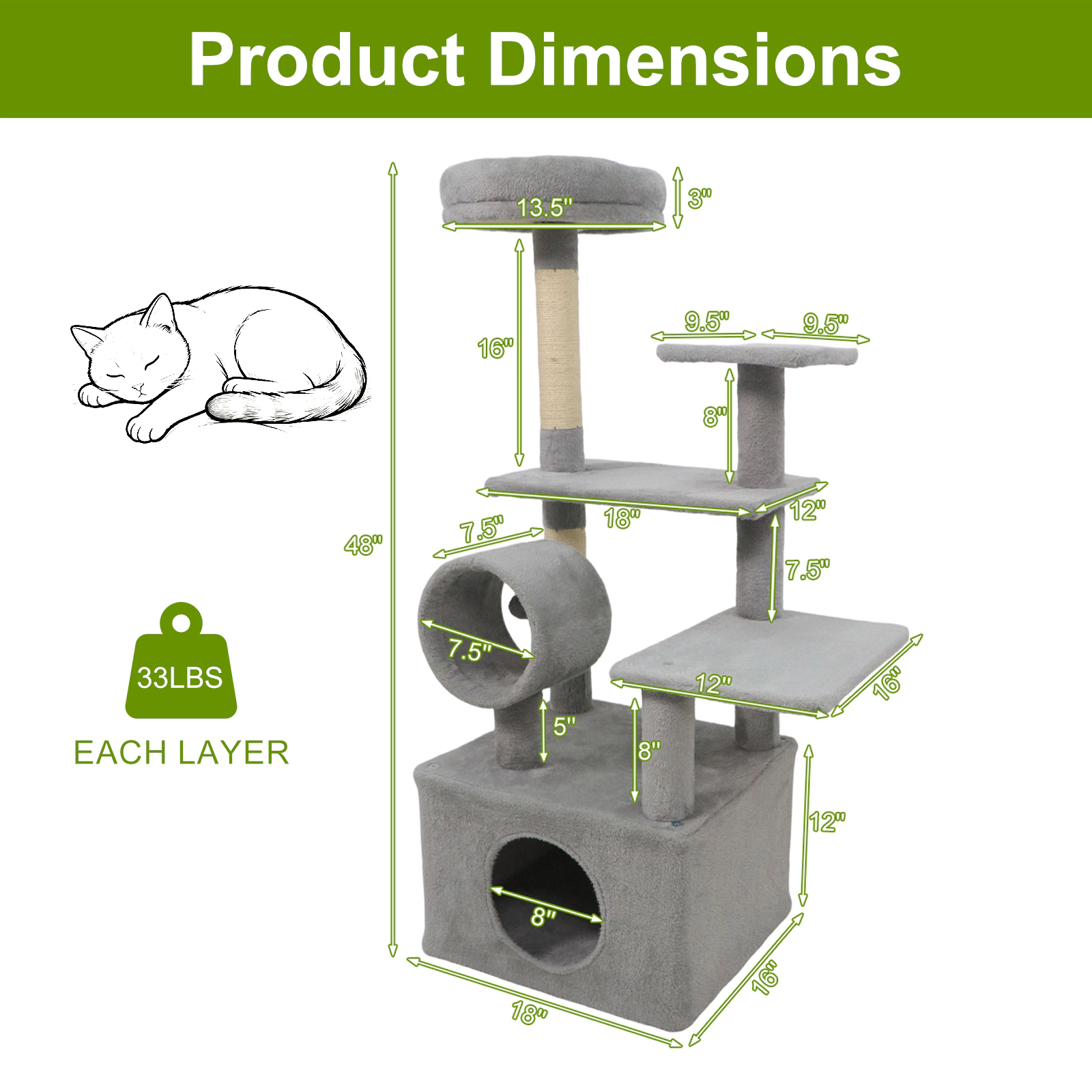SUGIFT 48-in Light Gray Multi-Level Kitten Cat Tree Tower with Cylinder Tunnel Large Condo and Jute Posts